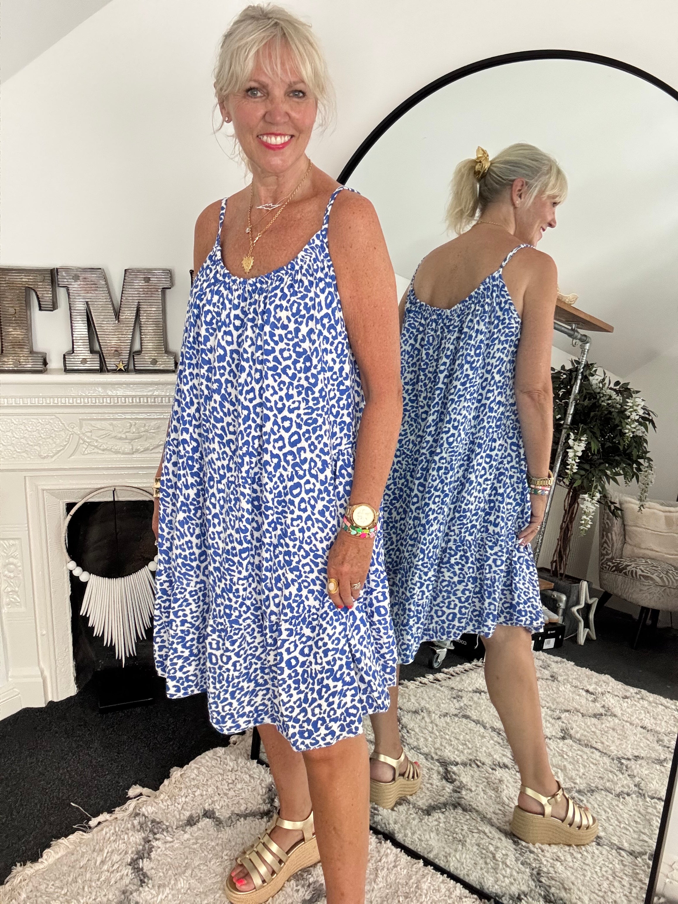 Leopard Cheesecloth Dress in Sapphire & White