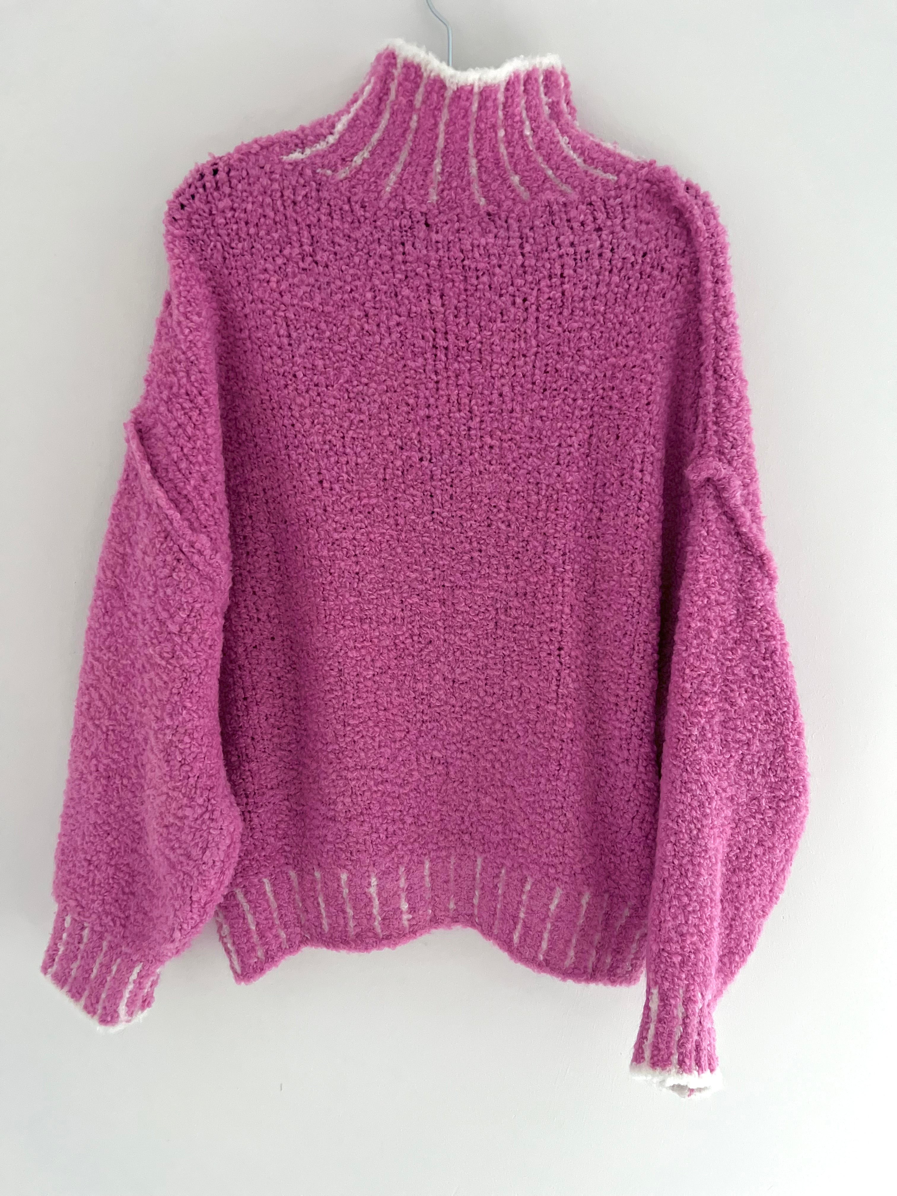 Funnel Neck Boucle Jumper in Pink & White