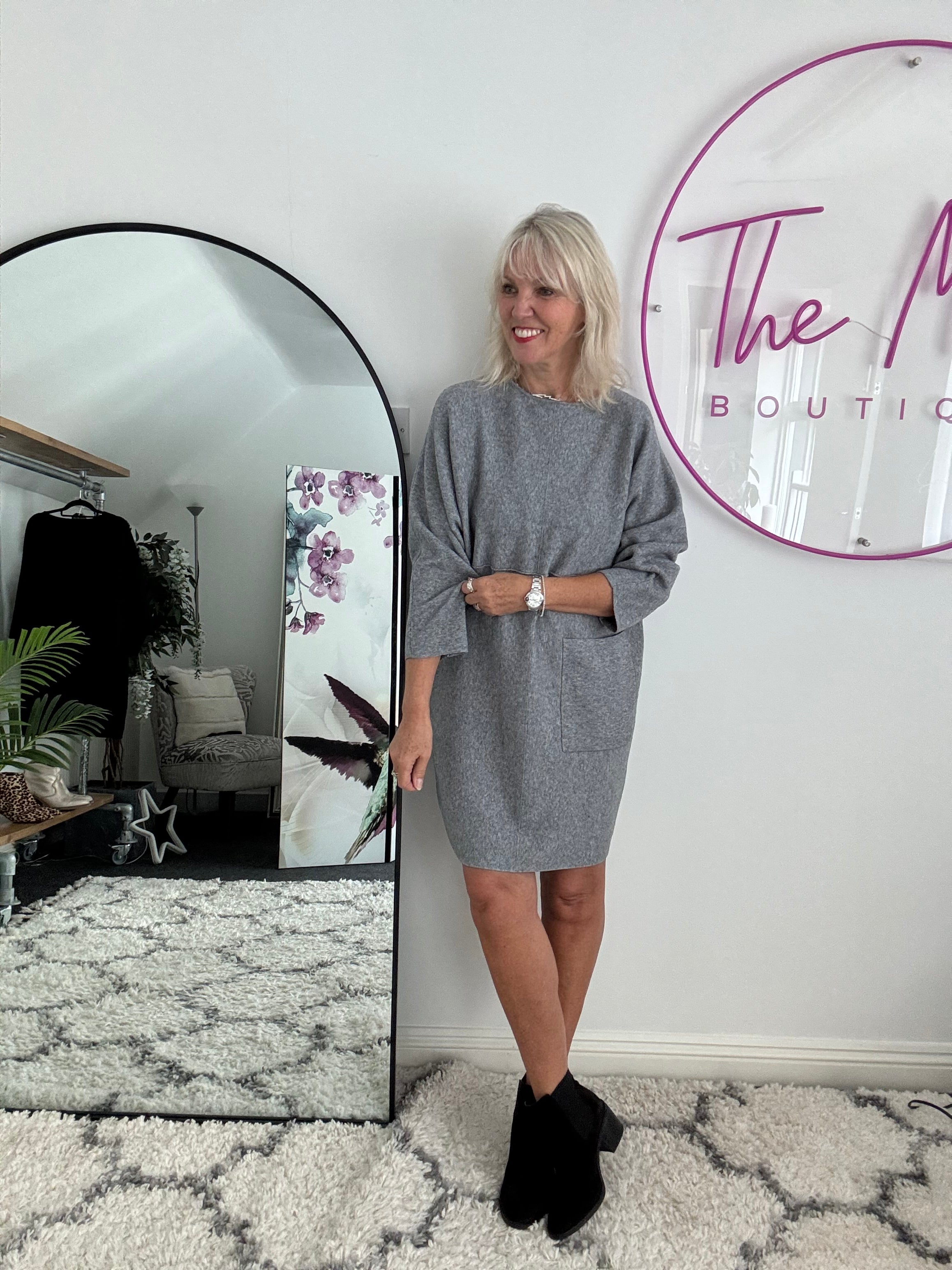 Luxe Knitted Pocket Dress in Marl Grey