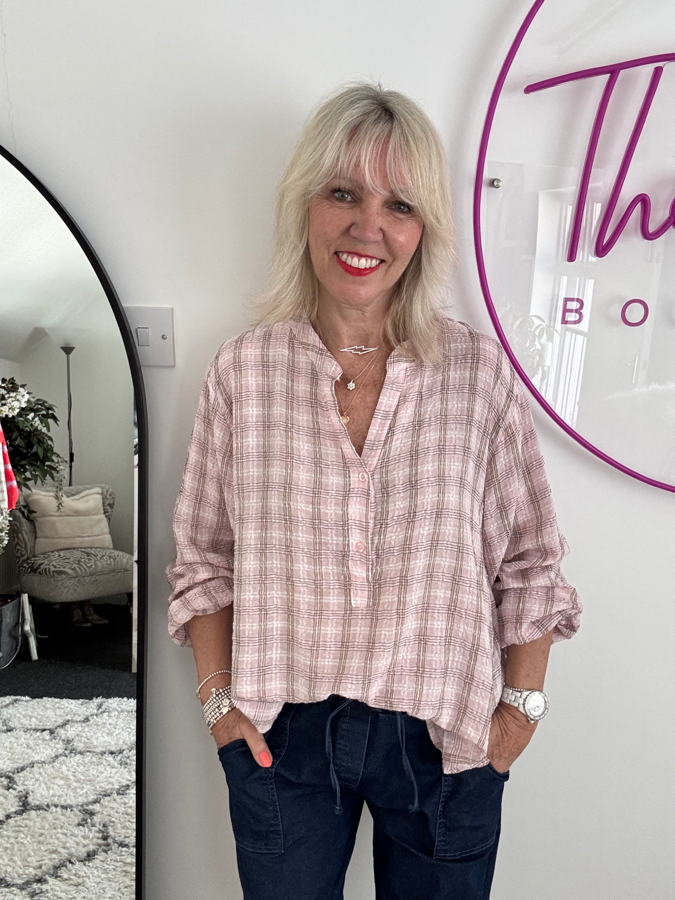Checked Seersucker Shirt in Pink