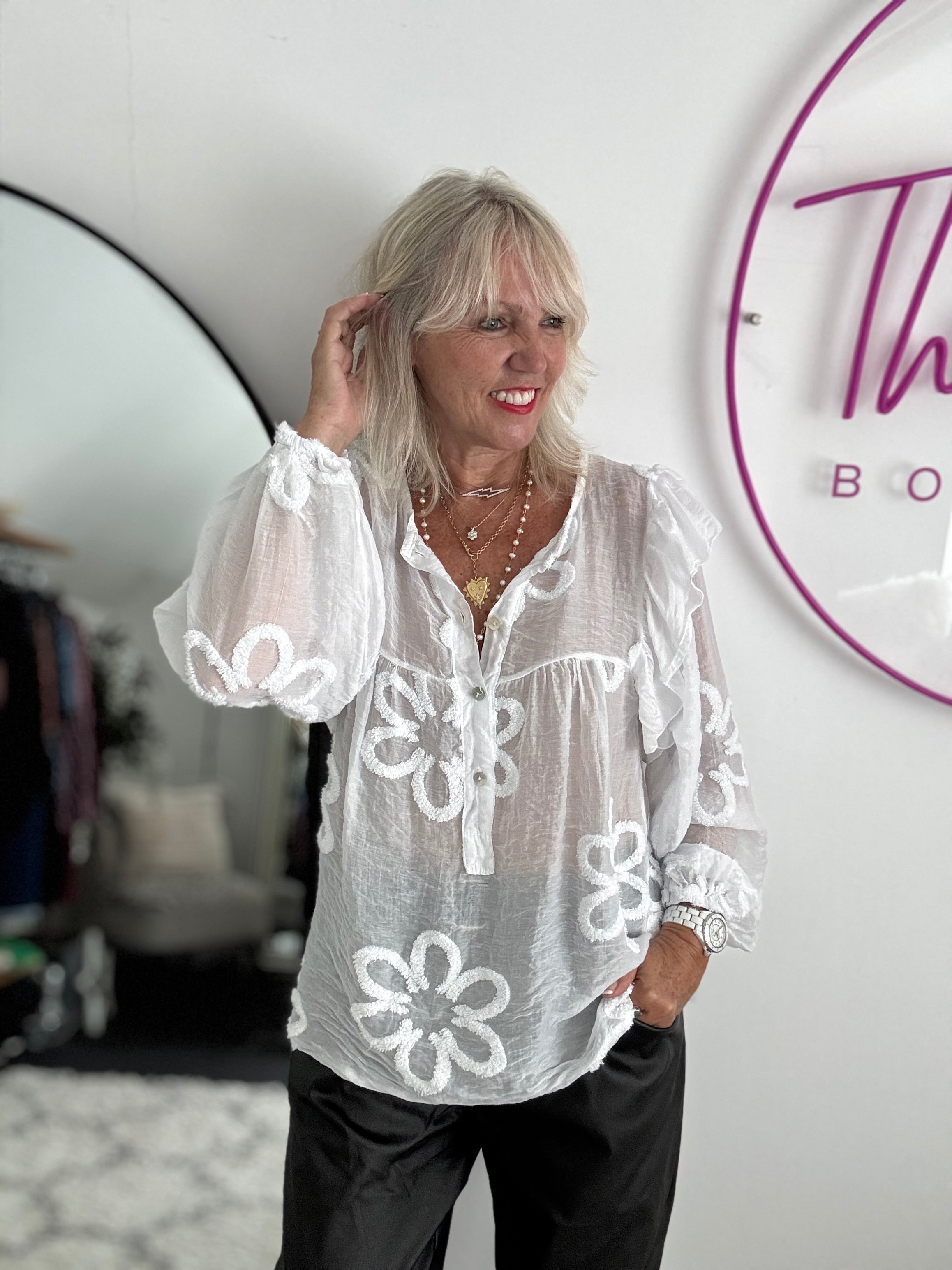 Textured Floral Design Shirt in White