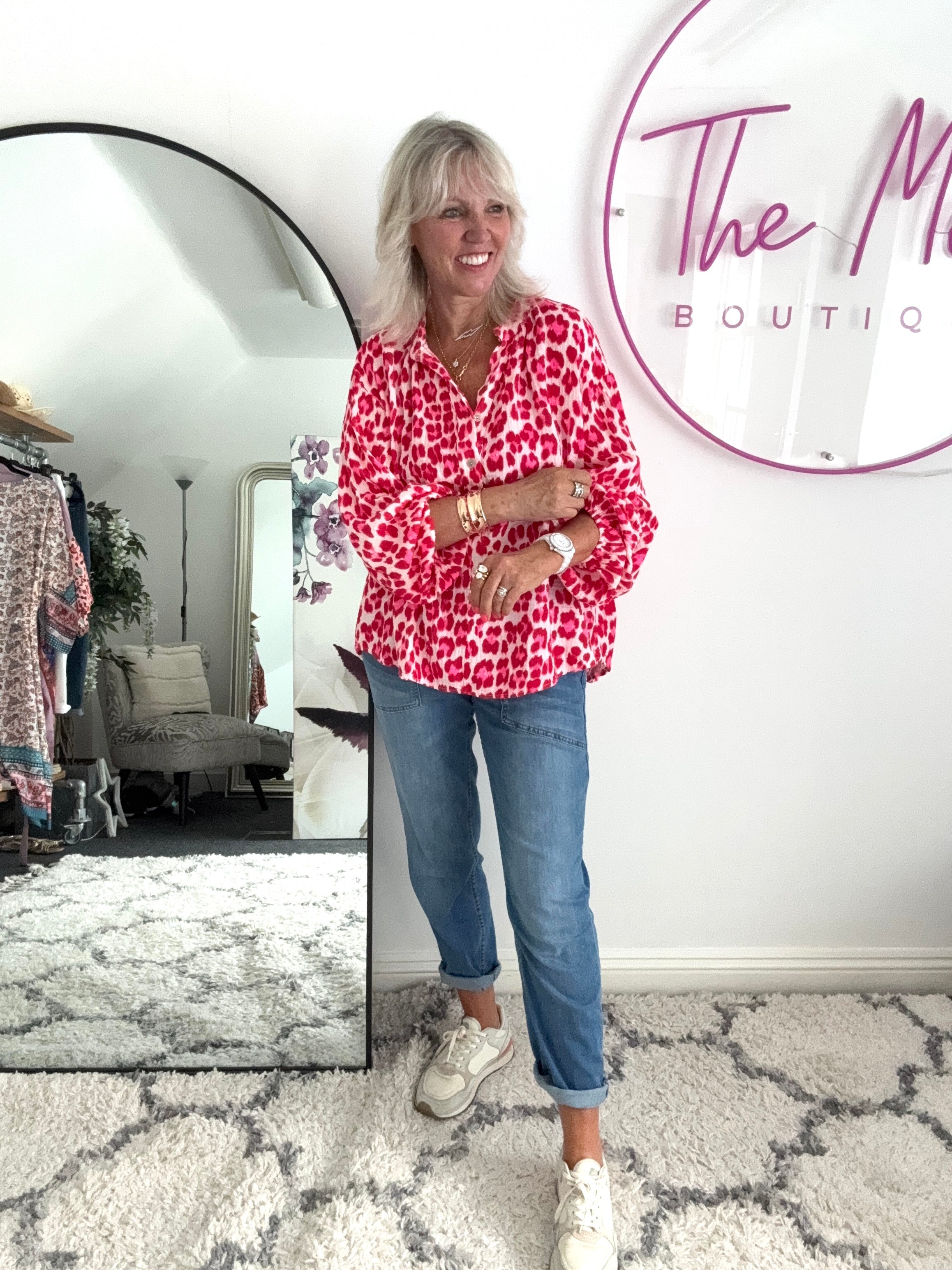 Oversized Cheesecloth Shirt in Red & Pink Leopard