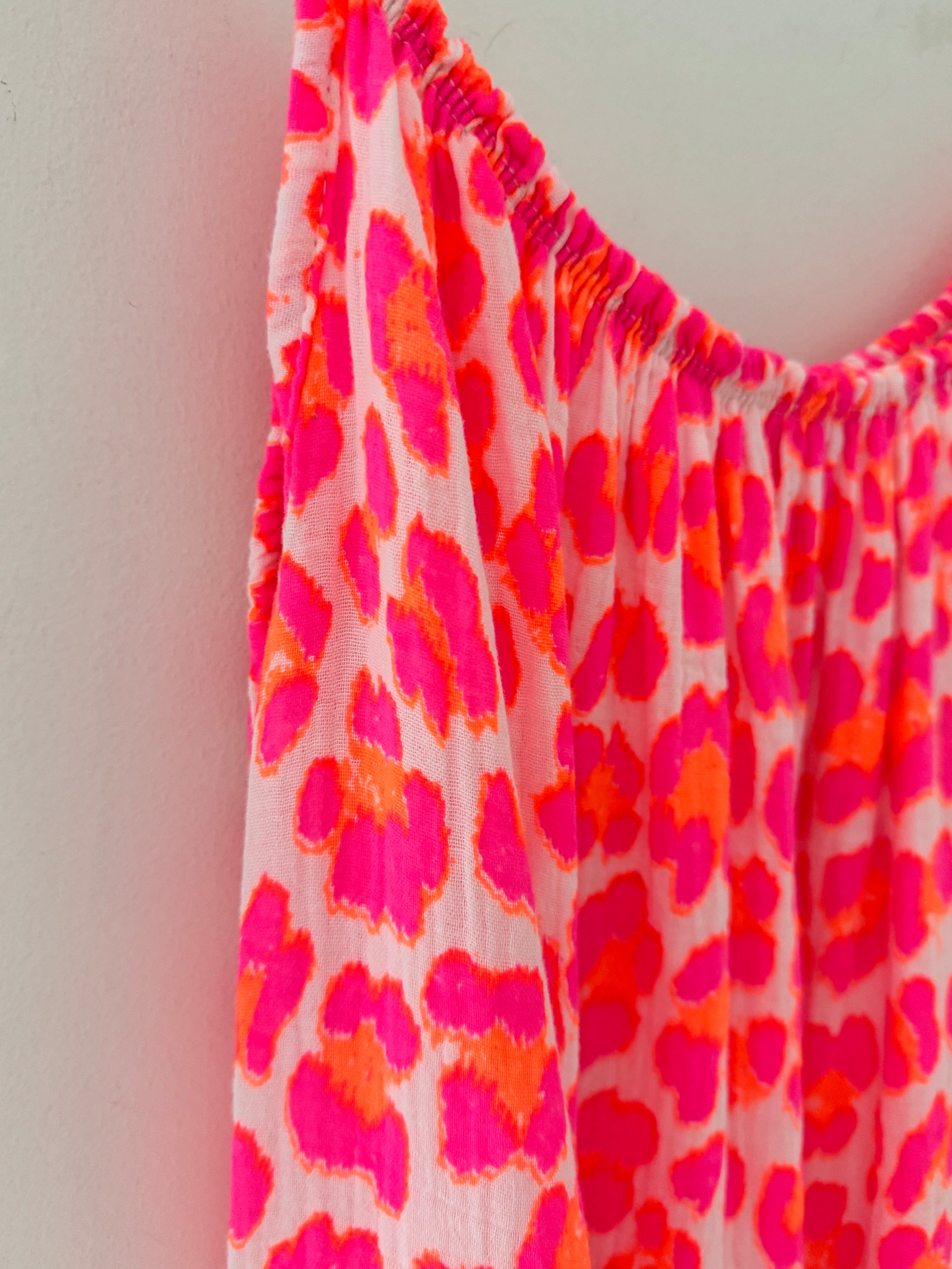 Leopard Cheesecloth Dress in Neon Pink
