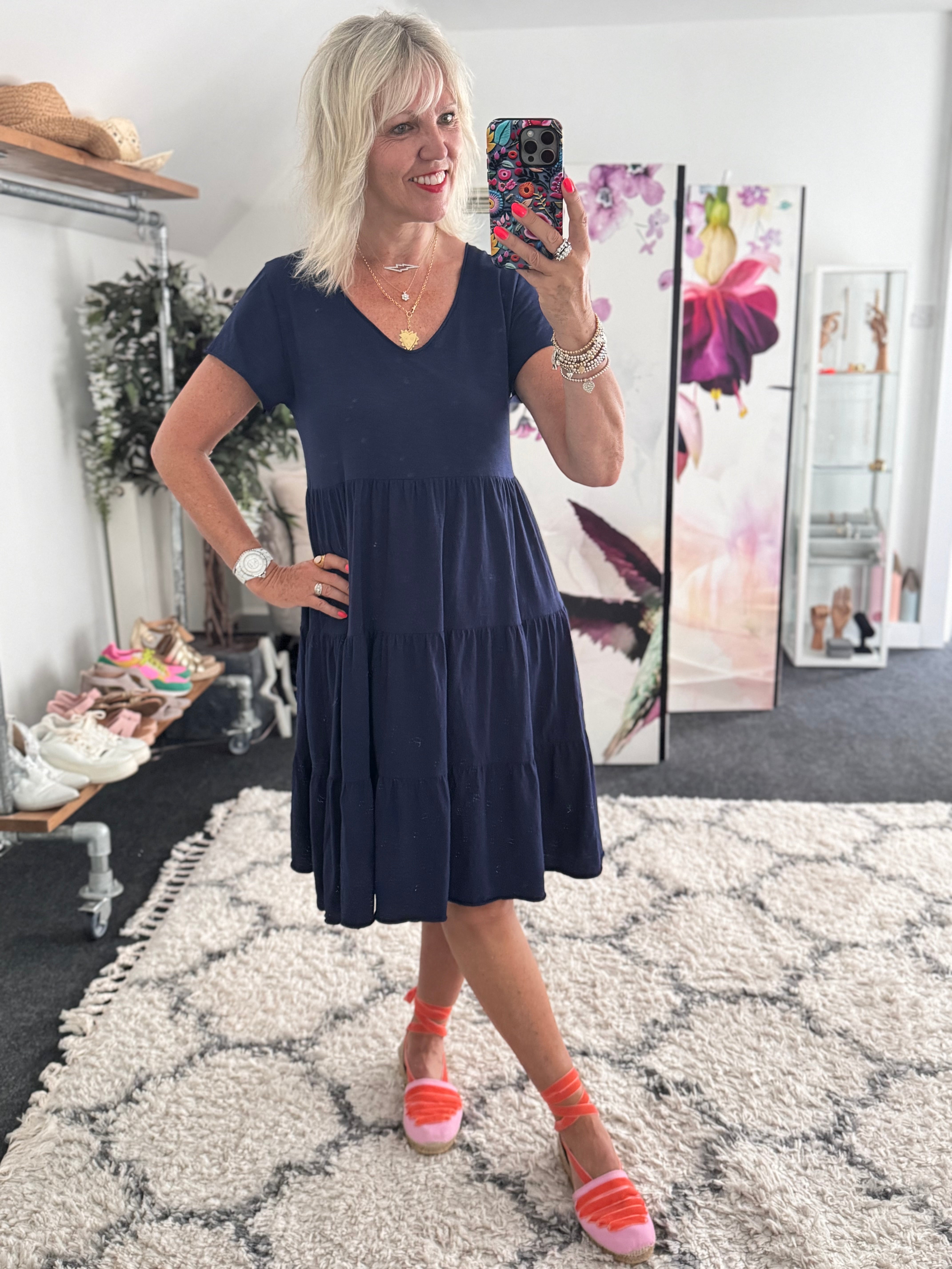 Tiered Cotton Stretch Dress in Navy
