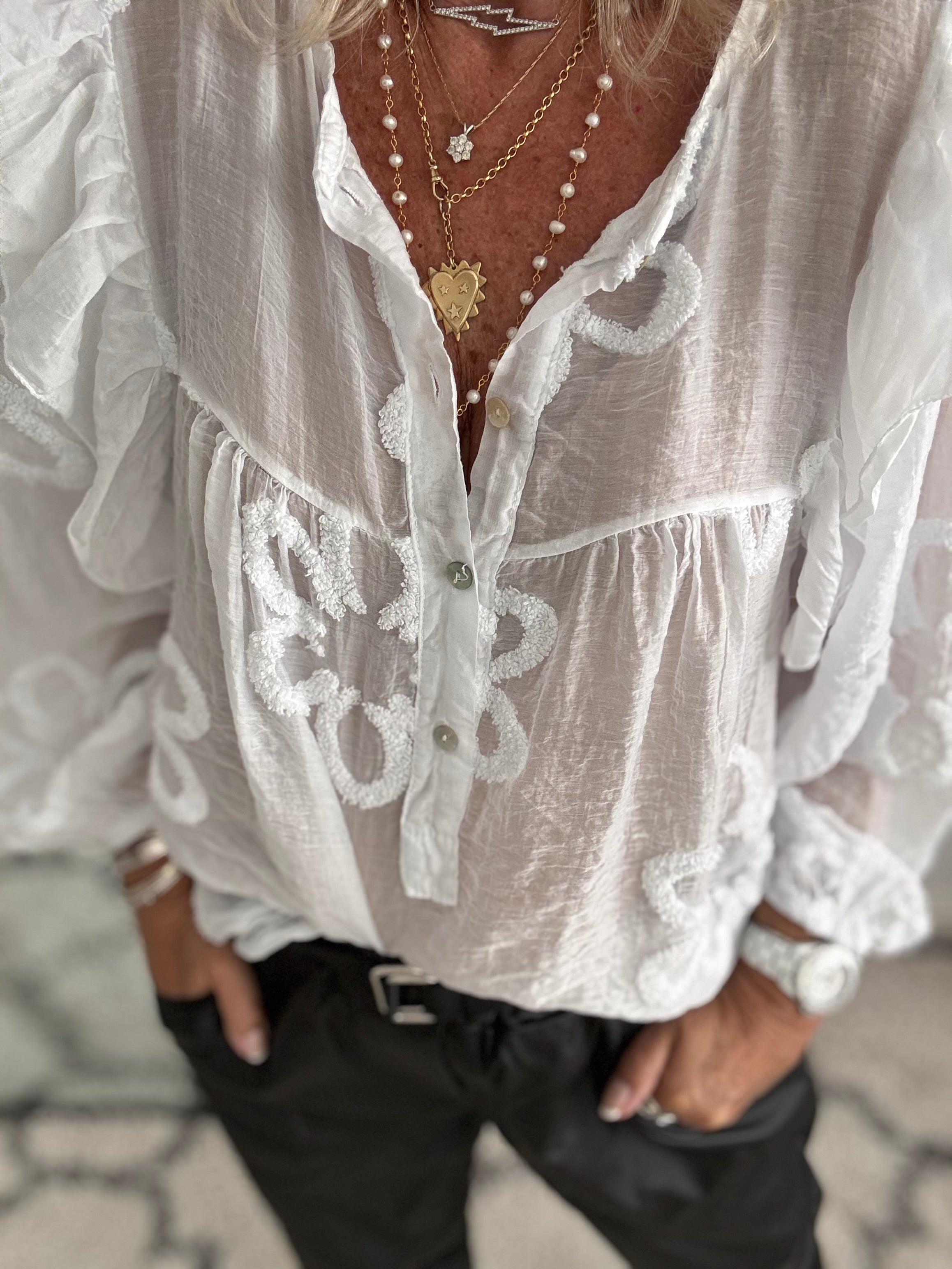 Textured Floral Design Shirt in White