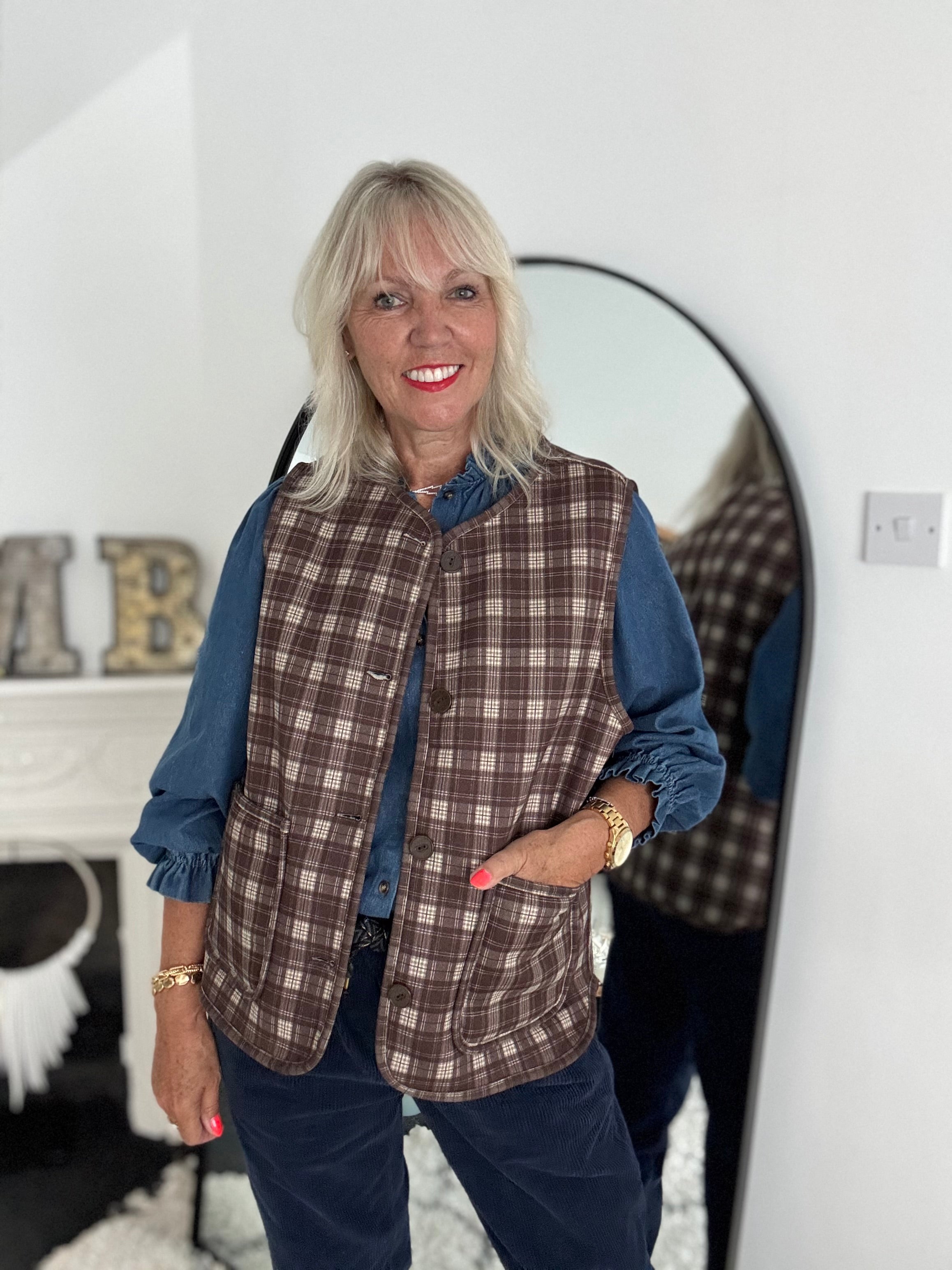 Reversible Boucle & Check Gilet in Ecru and Chocolate