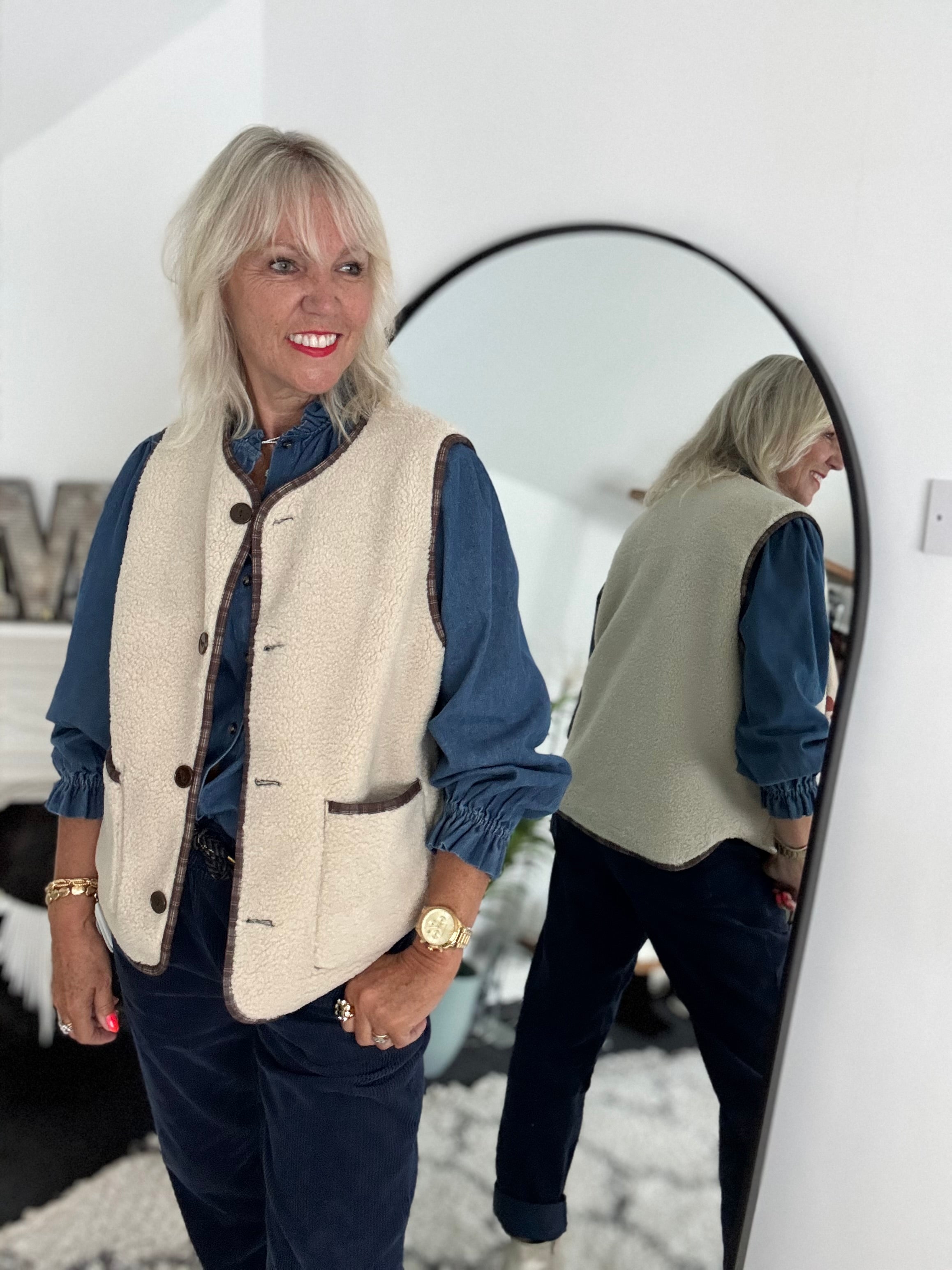 Reversible Boucle & Check Gilet in Ecru and Chocolate
