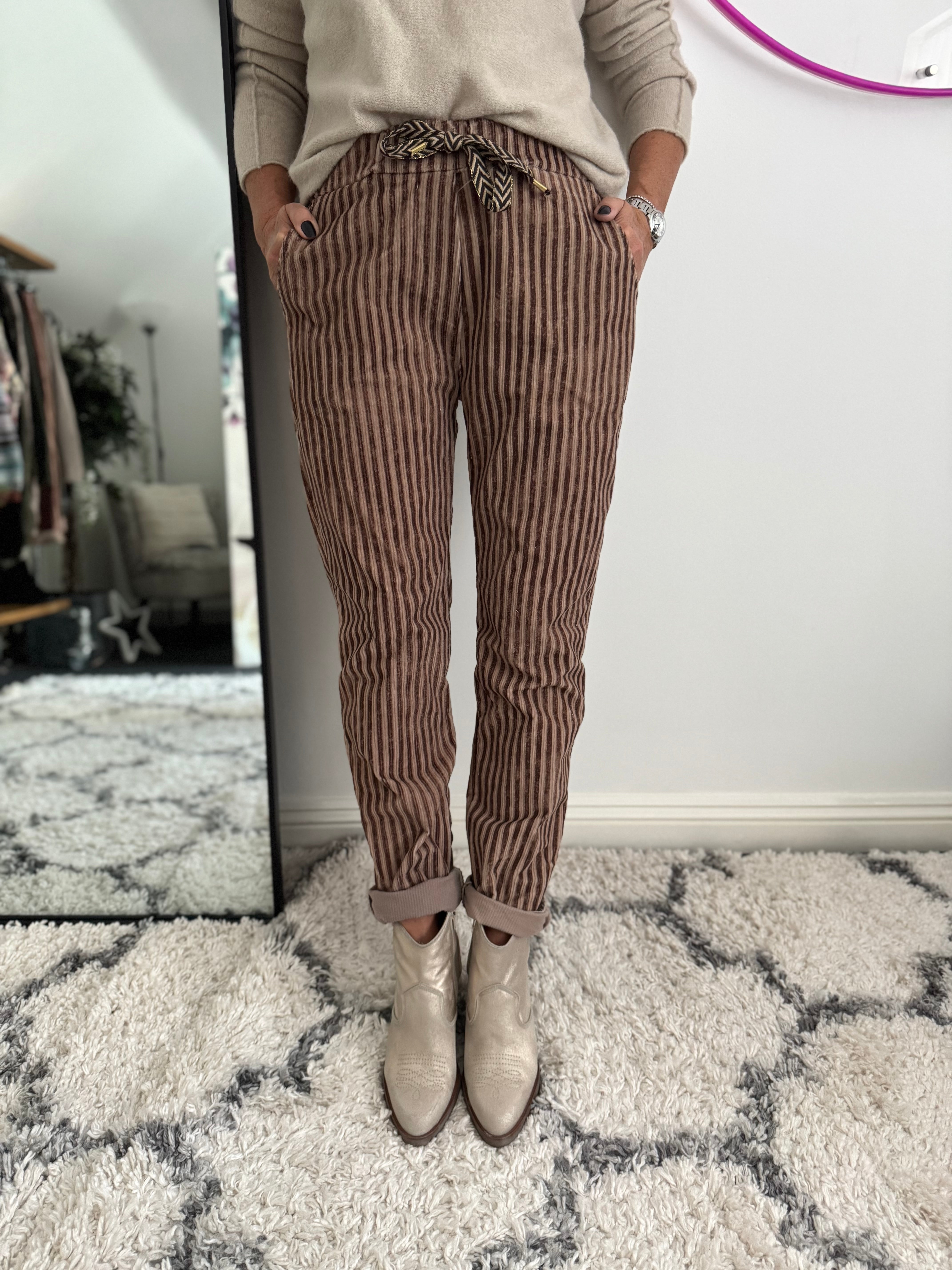 Chenille Cord Joggers in Mocha & Cocoa Stripe