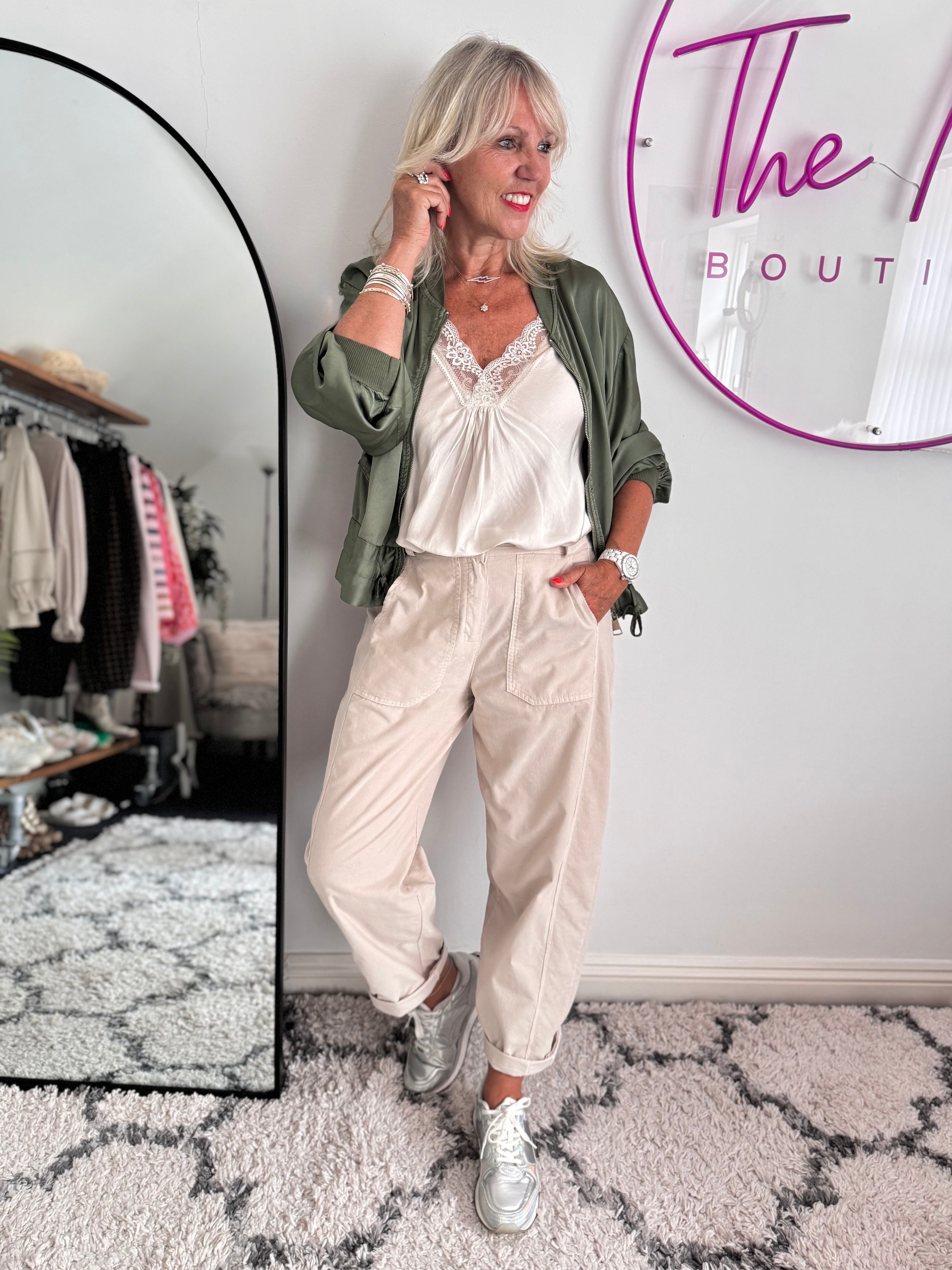 Soft Needlecord Barrel Trousers in Stone