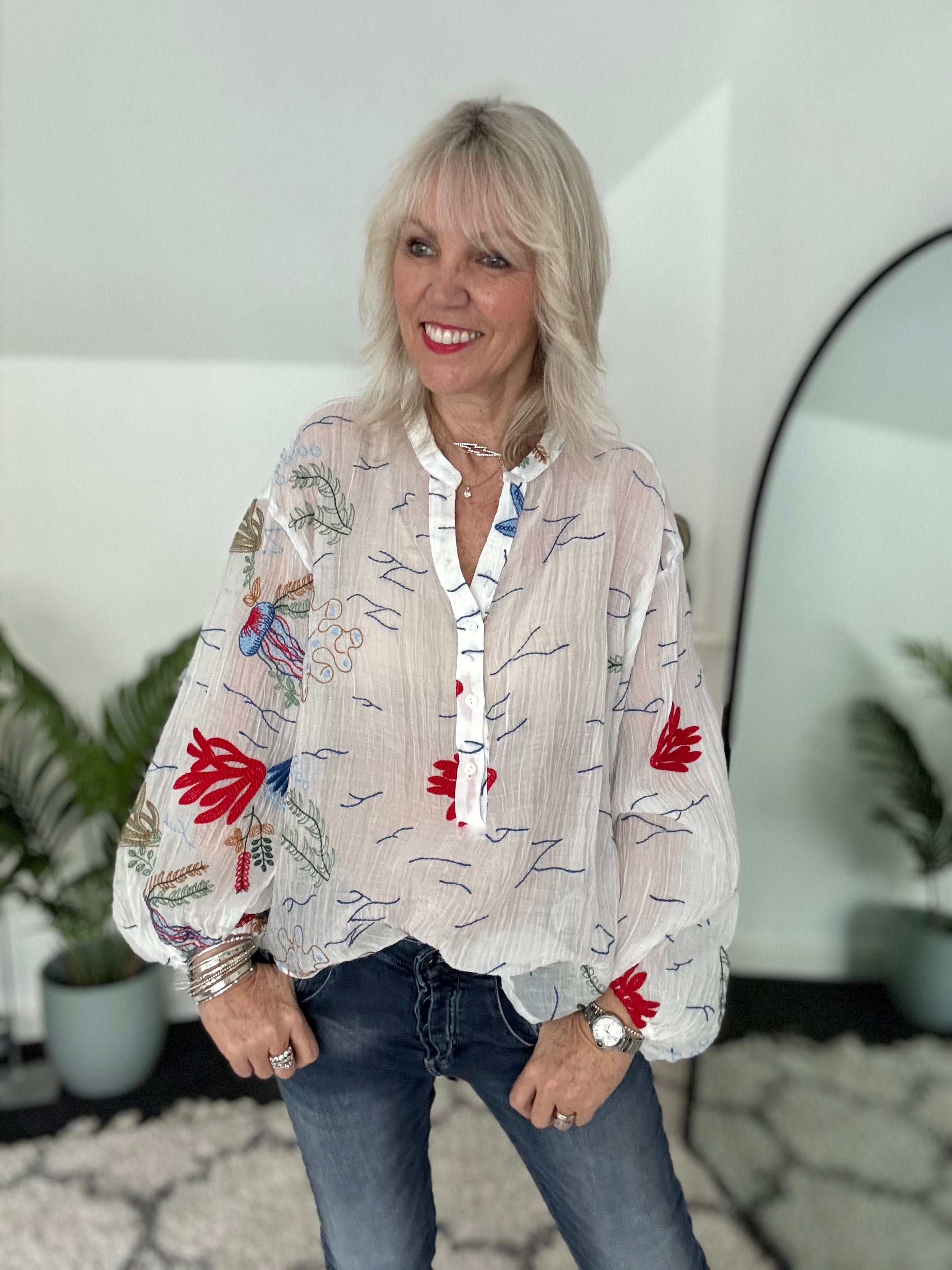 Coral Reef Embroidered Shirt in White