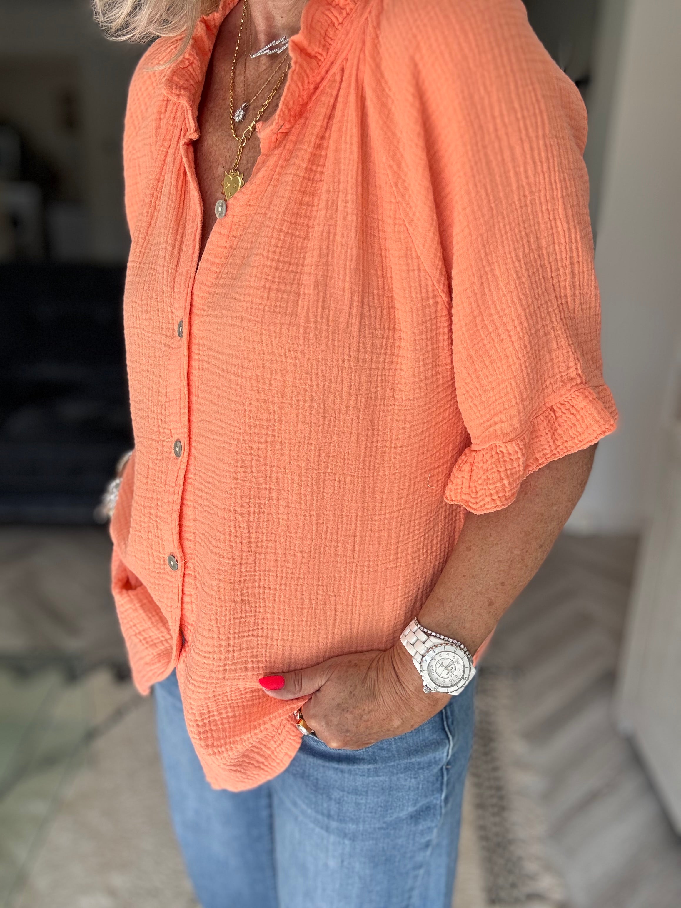 Short Sleeve Cheesecloth Shirt in Tangerine