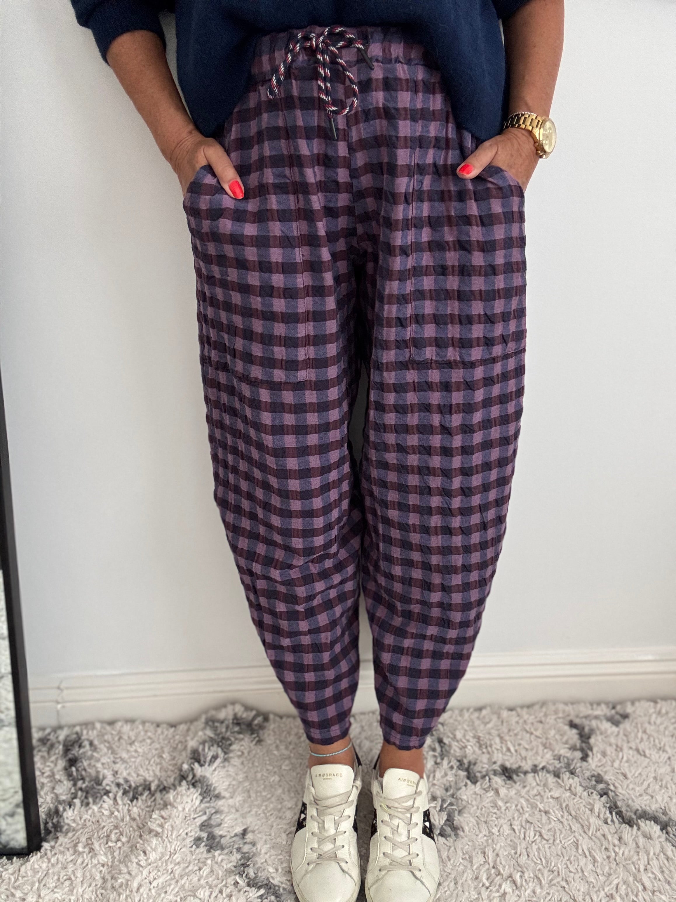 Barrel Check Trousers in Plum & Navy