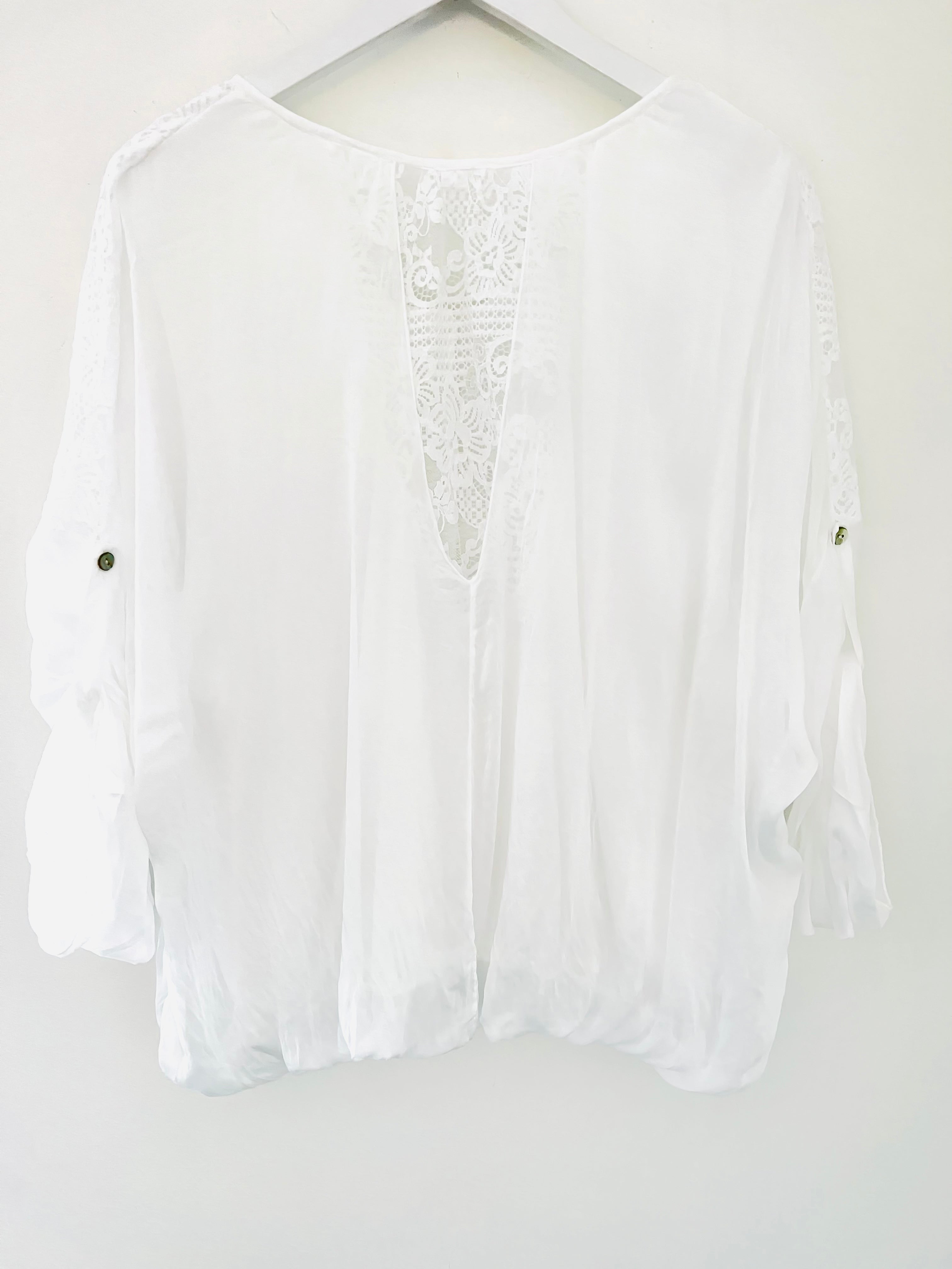 Silk Blouse with Embroidered Flowers in White