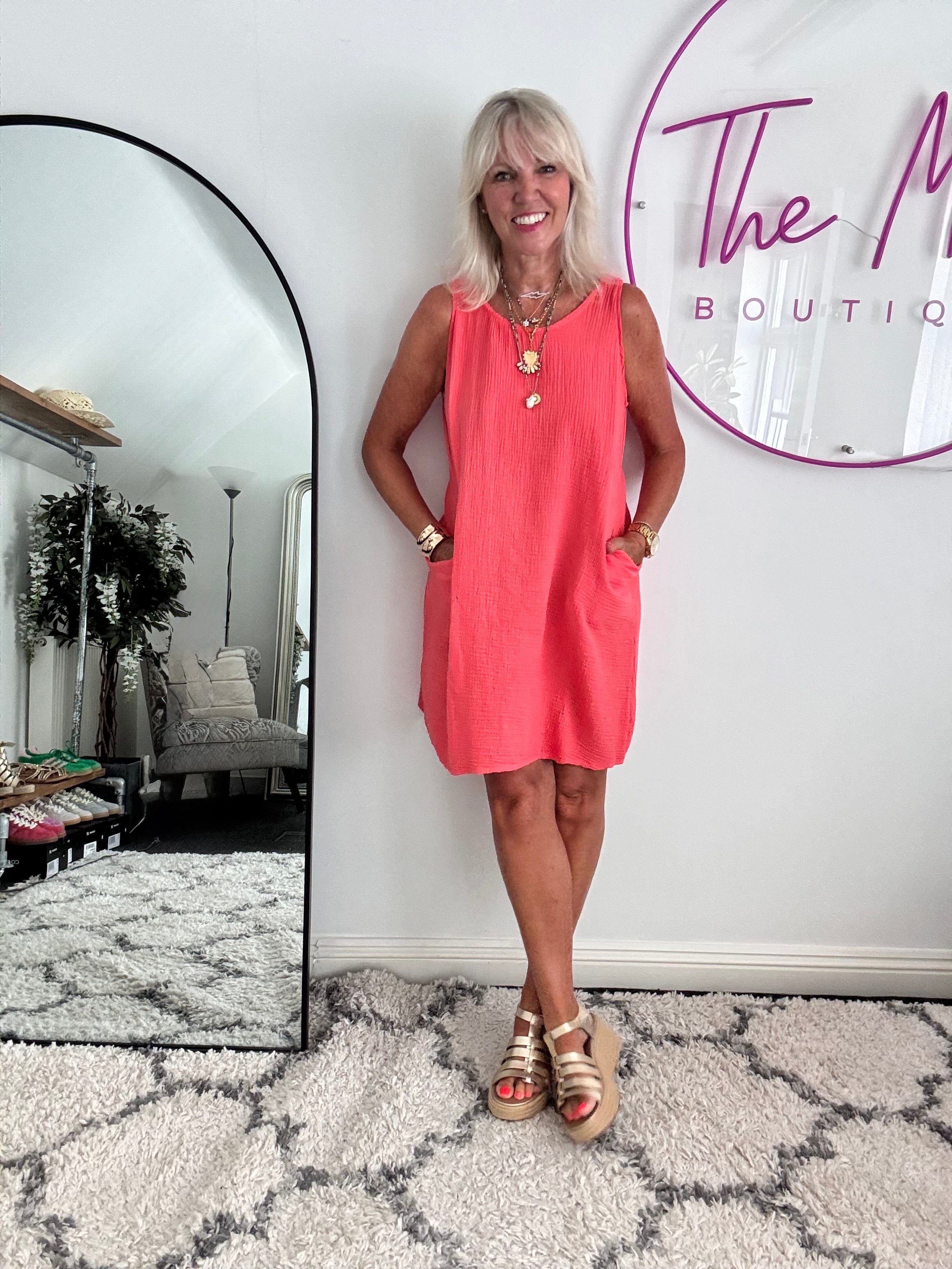 Simple Cheesecloth Pocket Dress in Coral