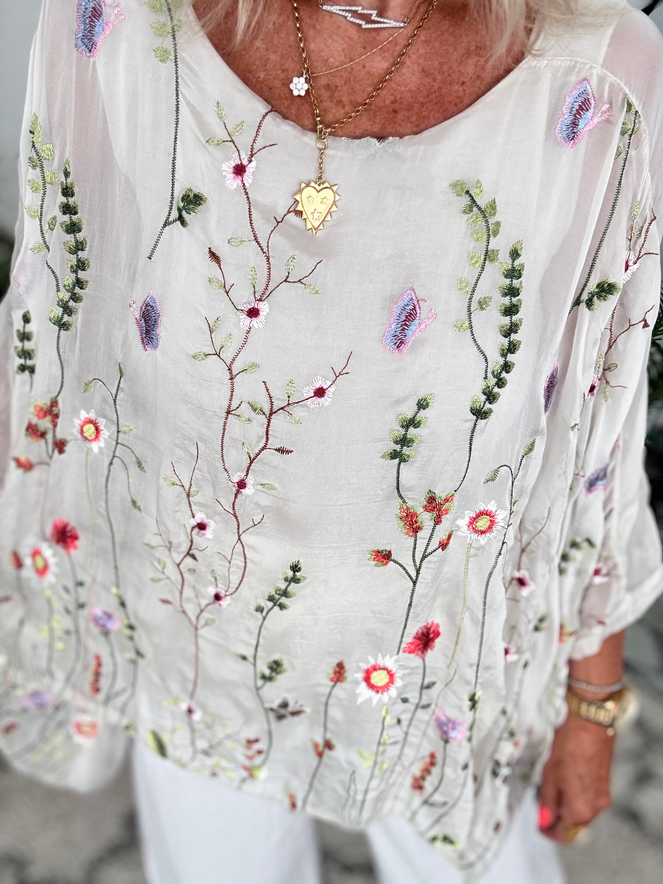 Silk Embroidered Top in Pale Ecru