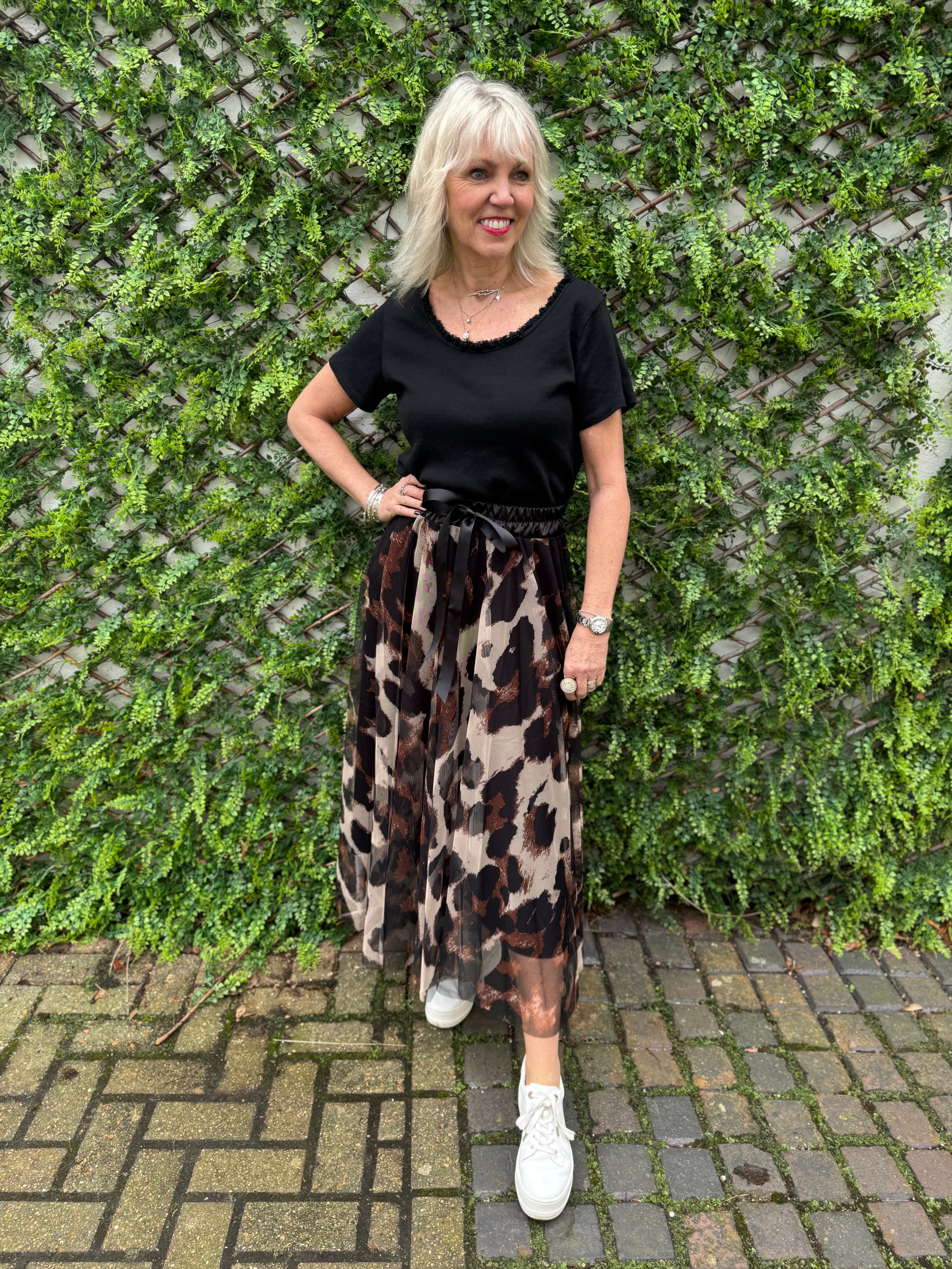 Tulle Midi Skirt in Black & Tan Leopard