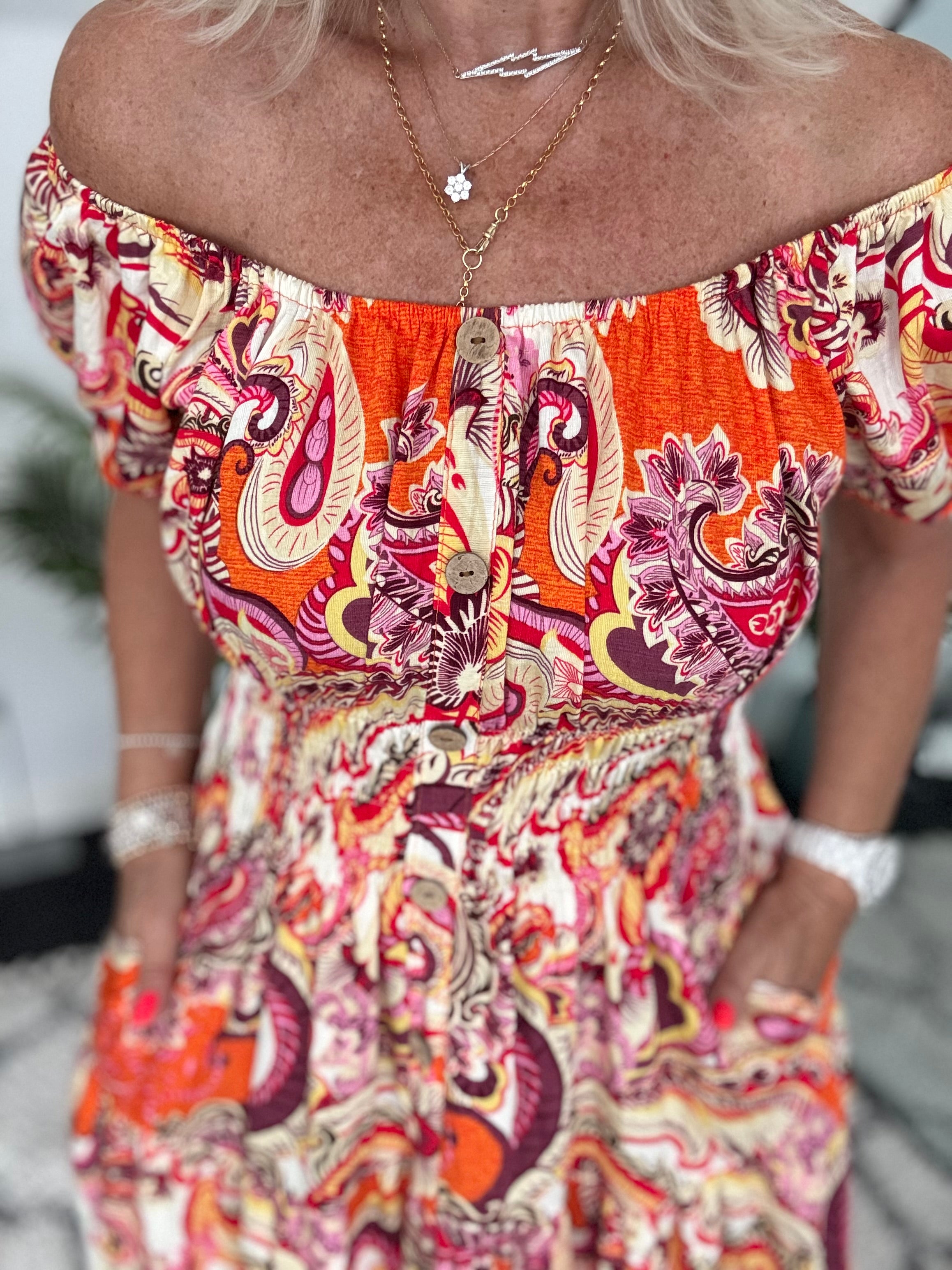 Bardot Dress in Orange & Plum