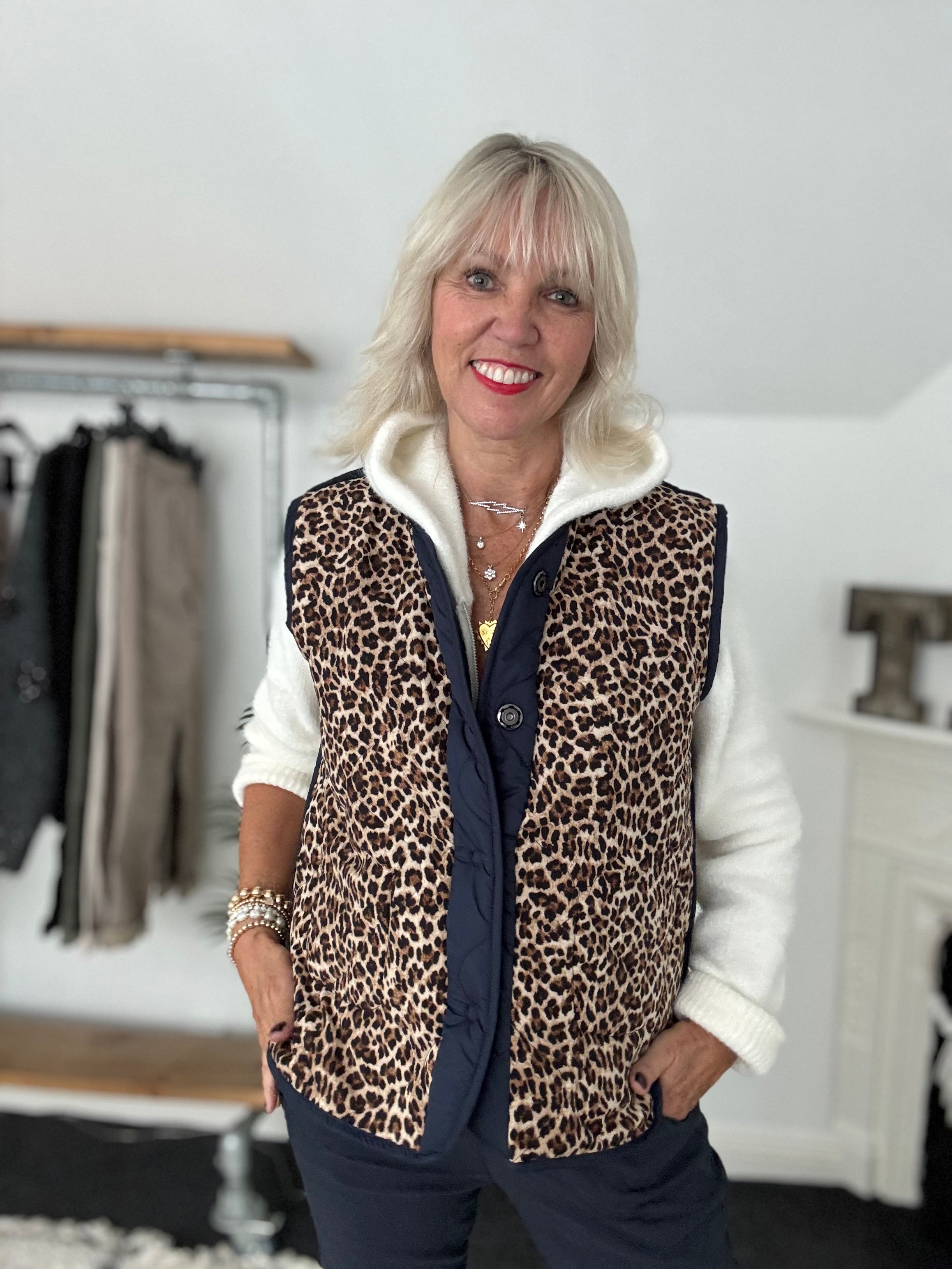 Reversible Quilted Gilet in Navy & Leopard