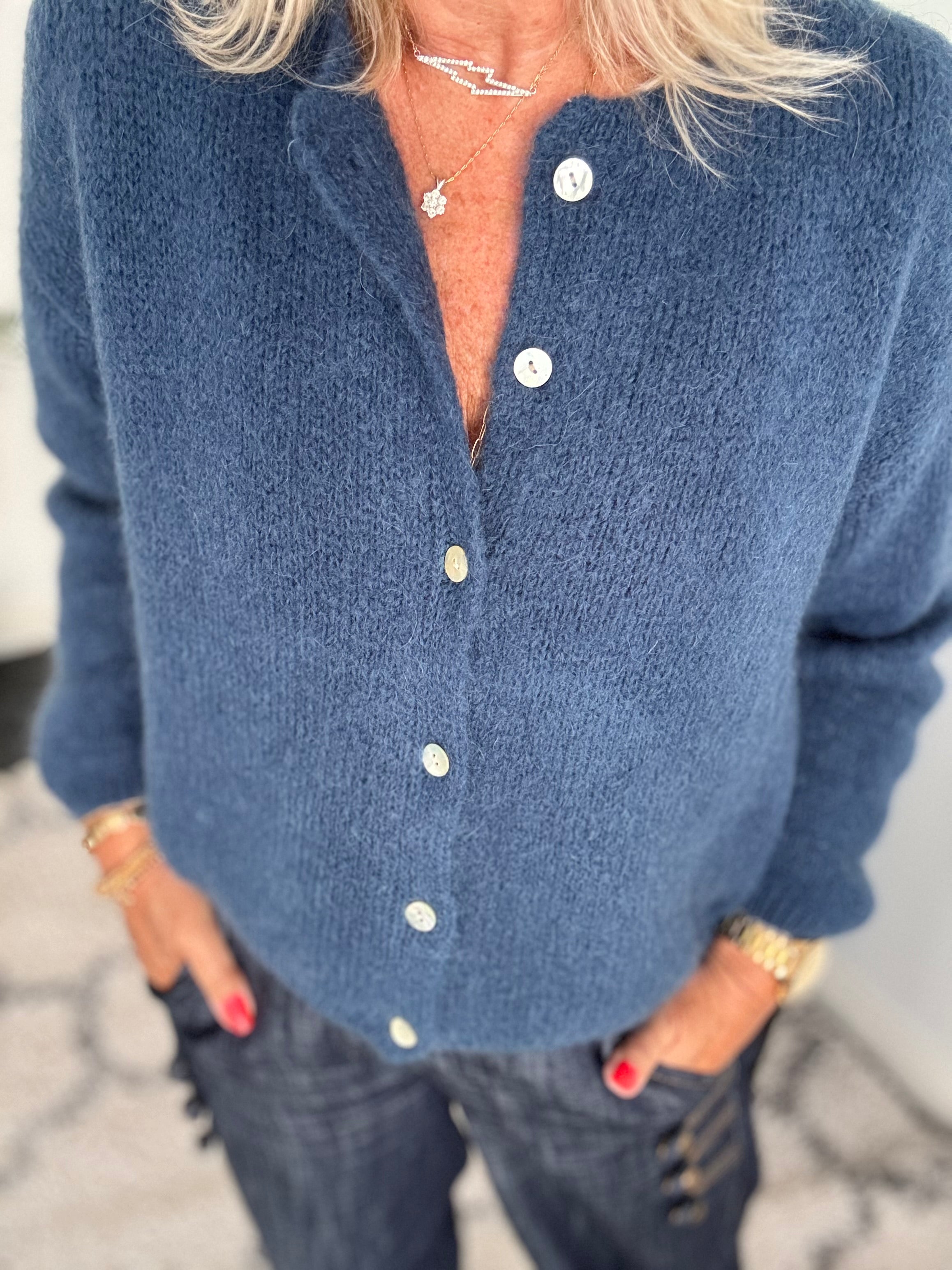Mohair Buttoned Cardi in Denim Blue
