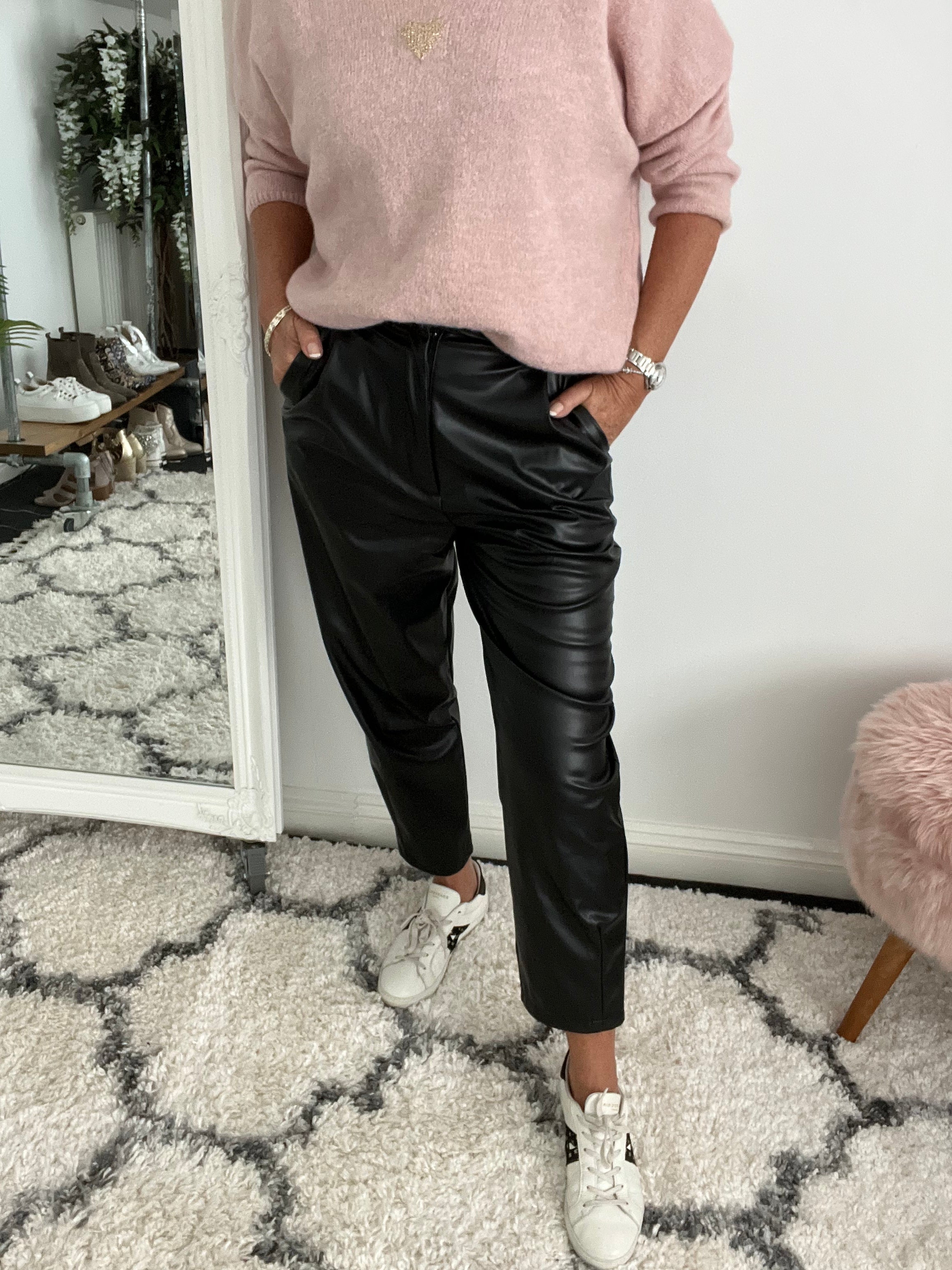 Vegan Leather Boyfriend Trousers in Black