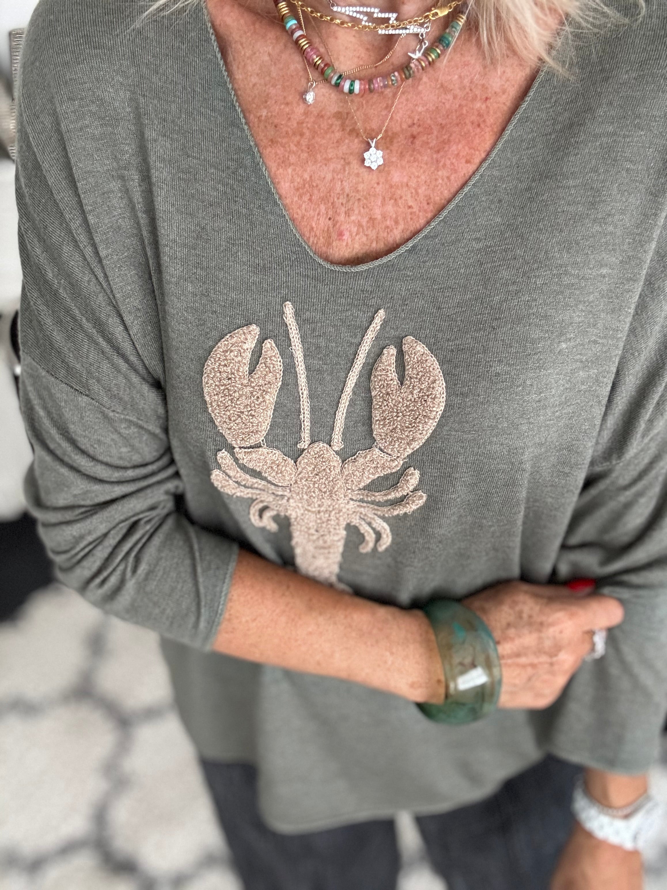 Soft V Neck Lobster Knit in Khaki