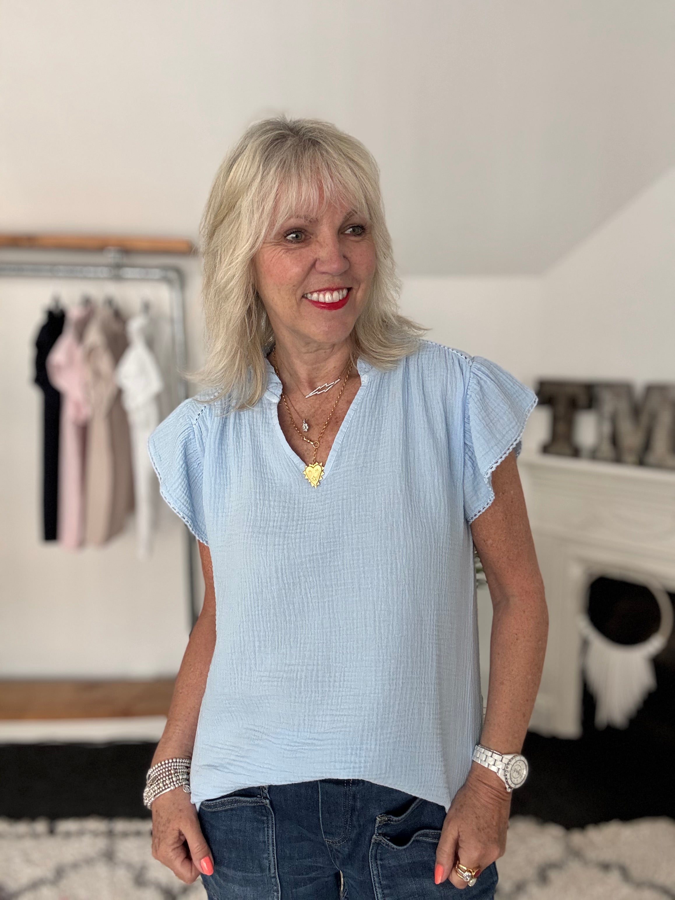 Cheesecloth Top with Ruffle Sleeves in Light Blue