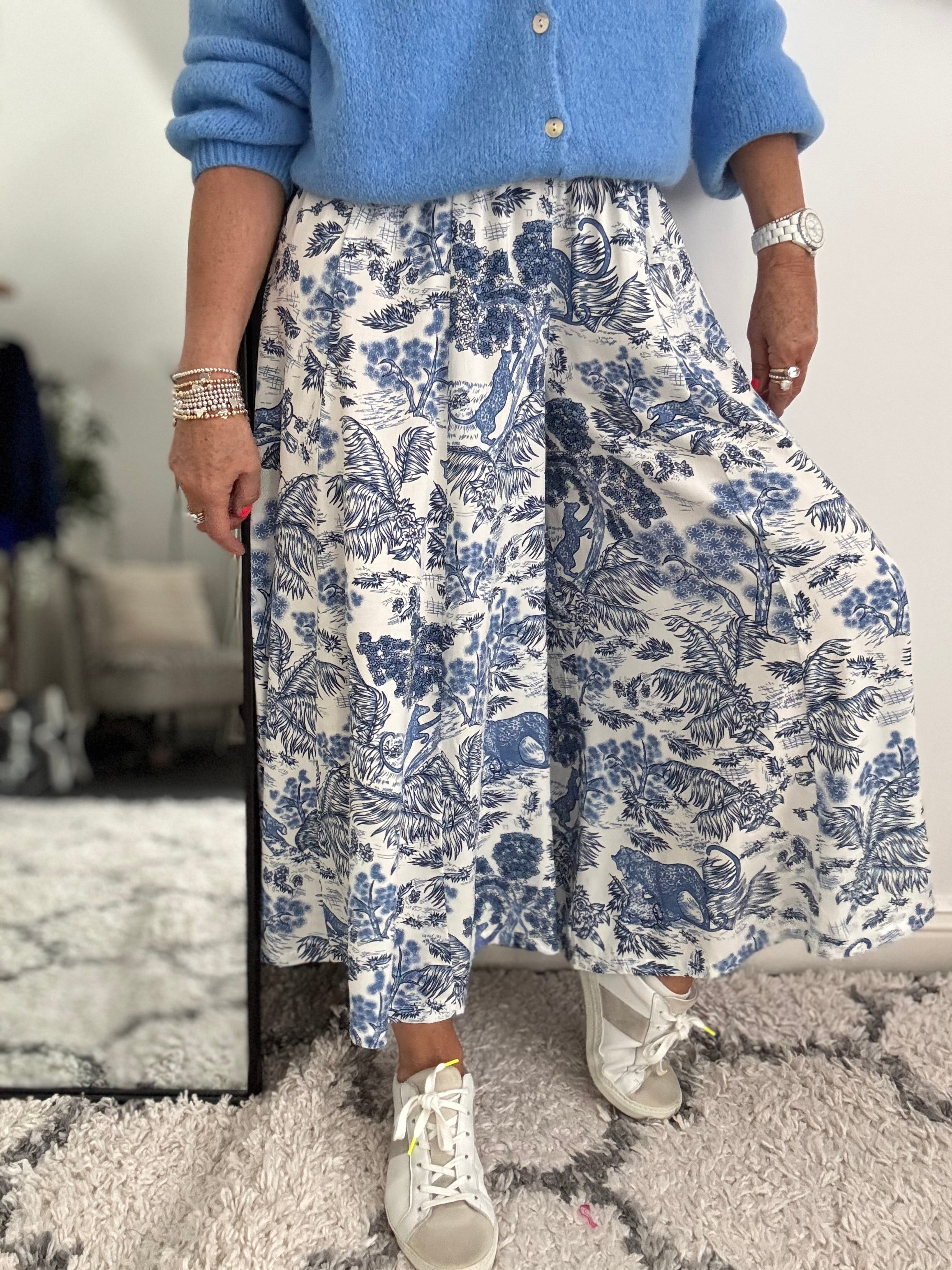 Wide Leg Trousers in Blue Jungle Print