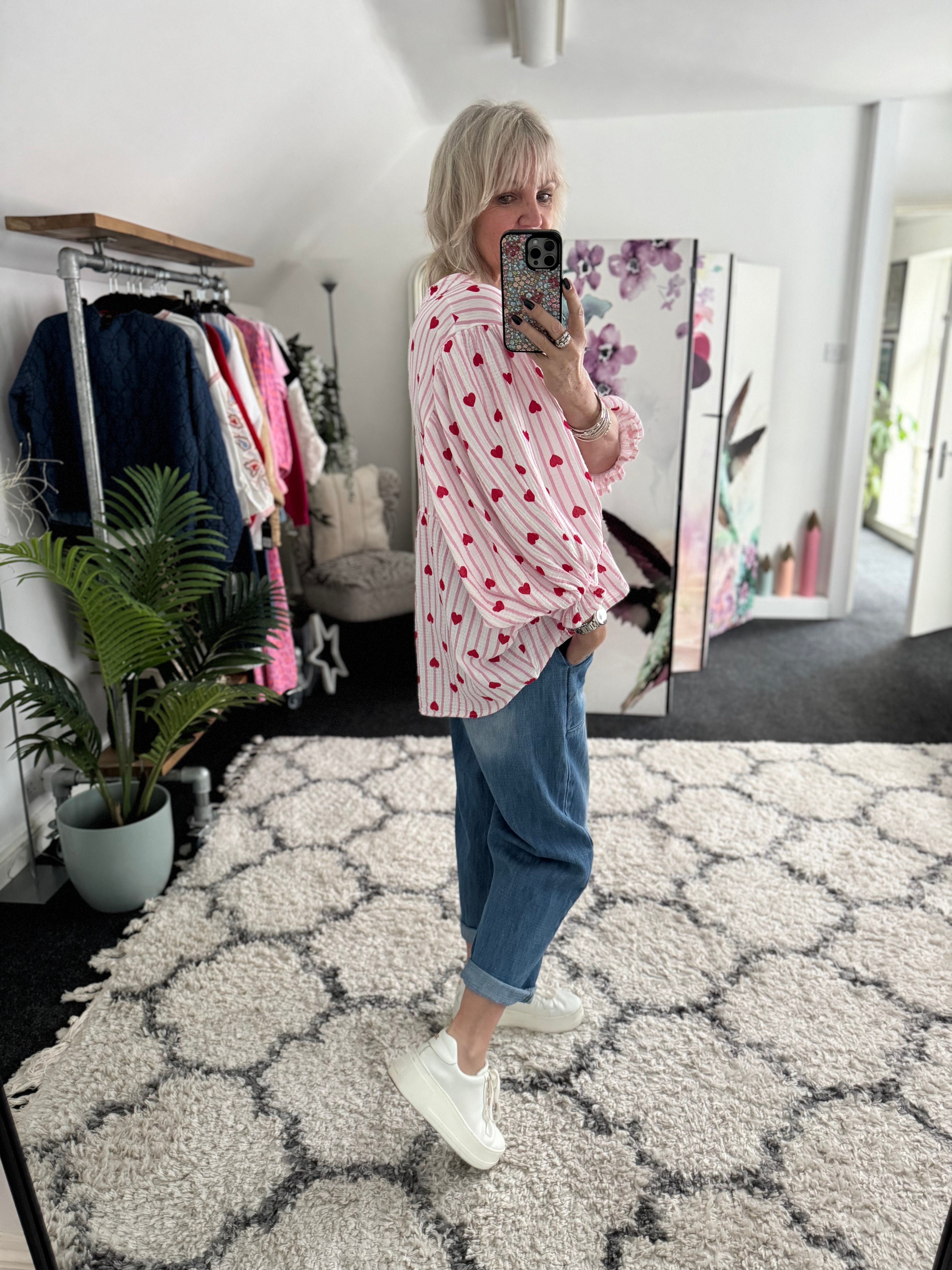 Oversized Cheesecloth Heart Blouse in Pink & Red