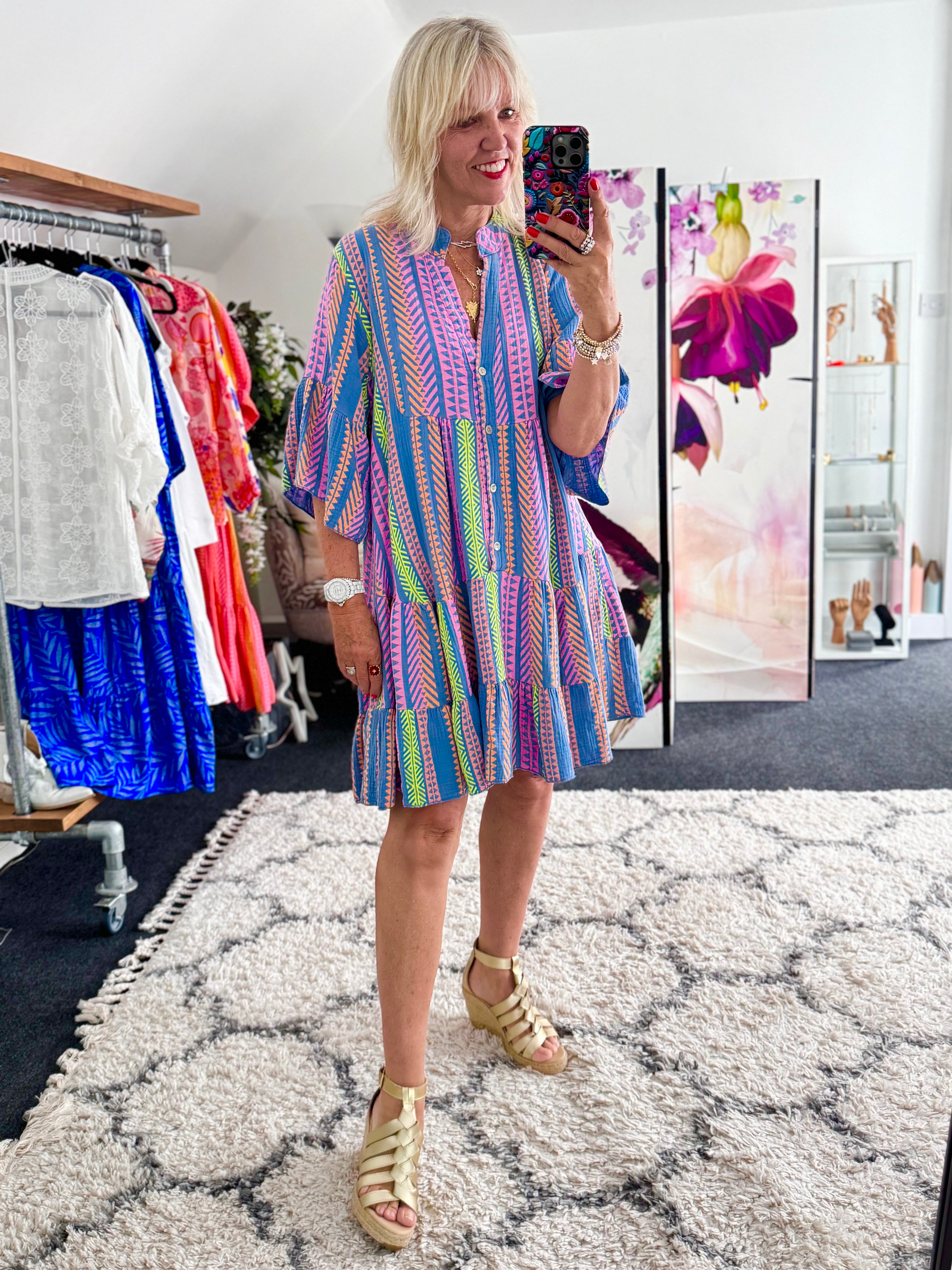 Cheesecloth Dress in Blue & Lilac Aztec