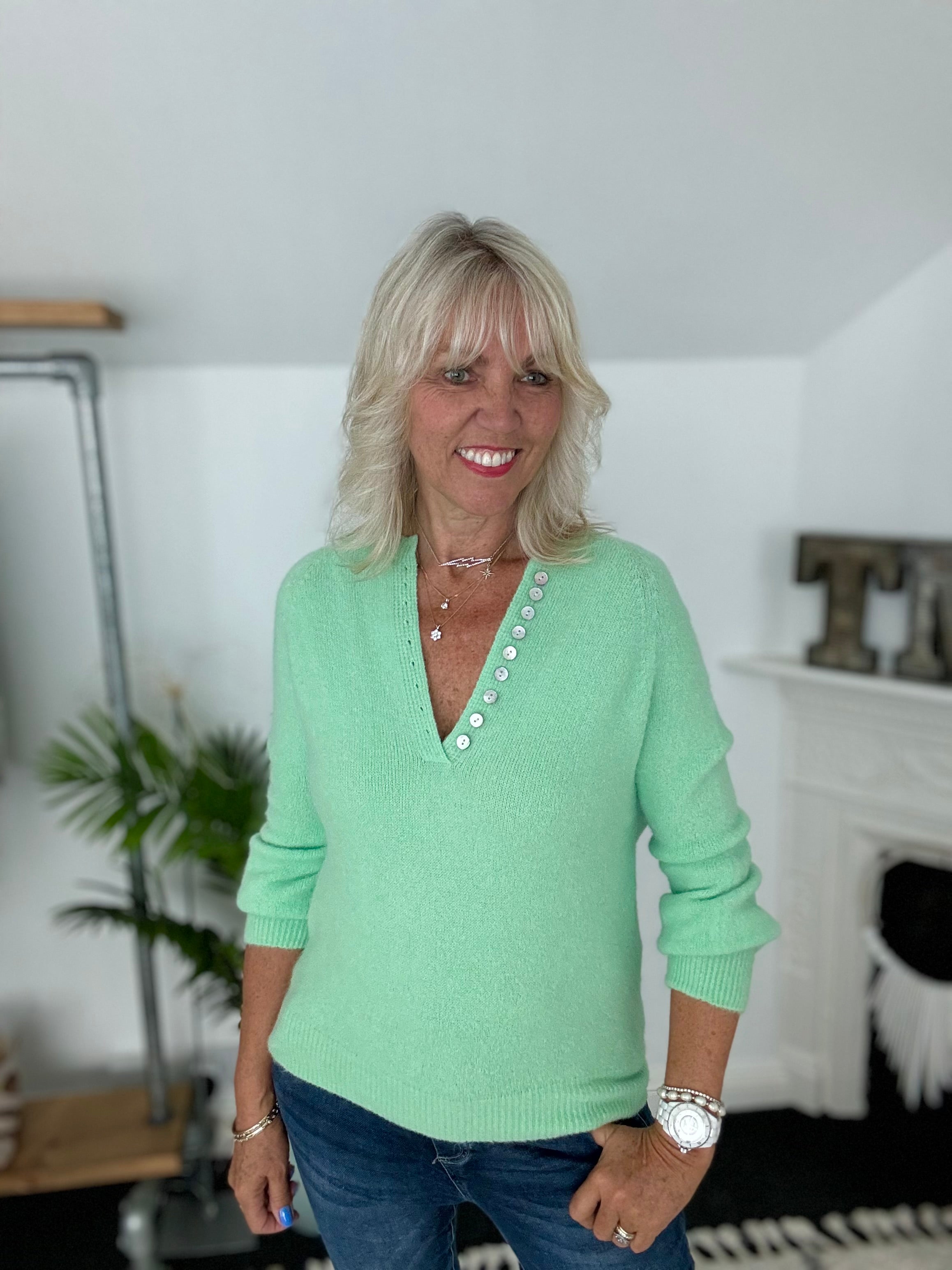 Softie Jumper with Button Neck in Mint