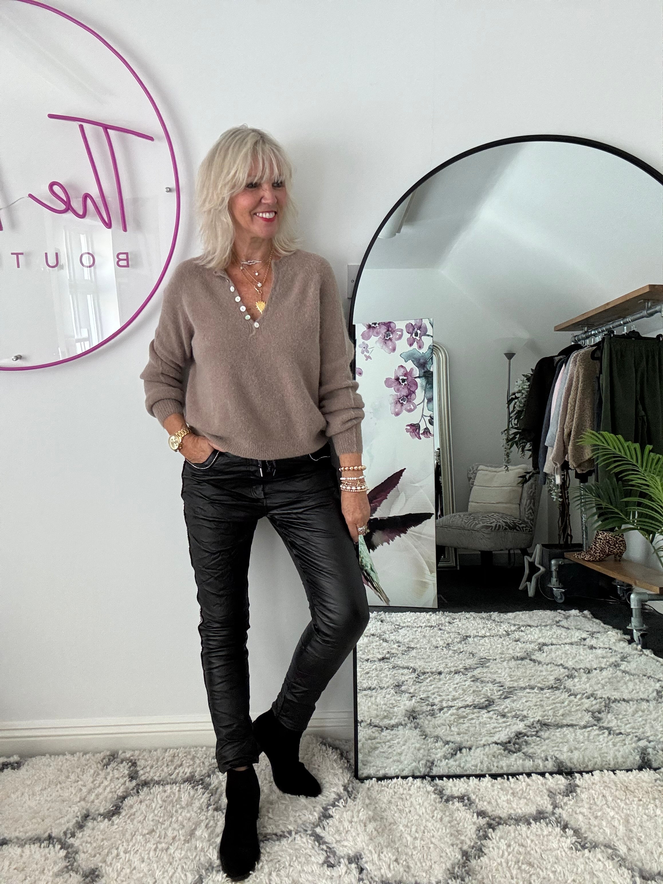 Waxed Rhinestone Joggers in Black