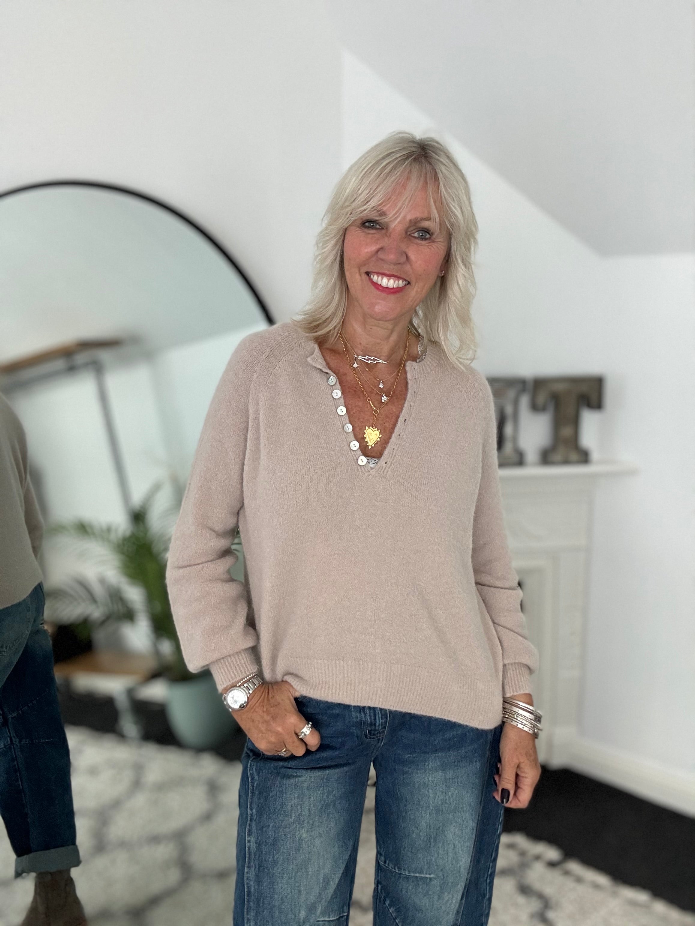 Softie Jumper with Button Neck in Stone