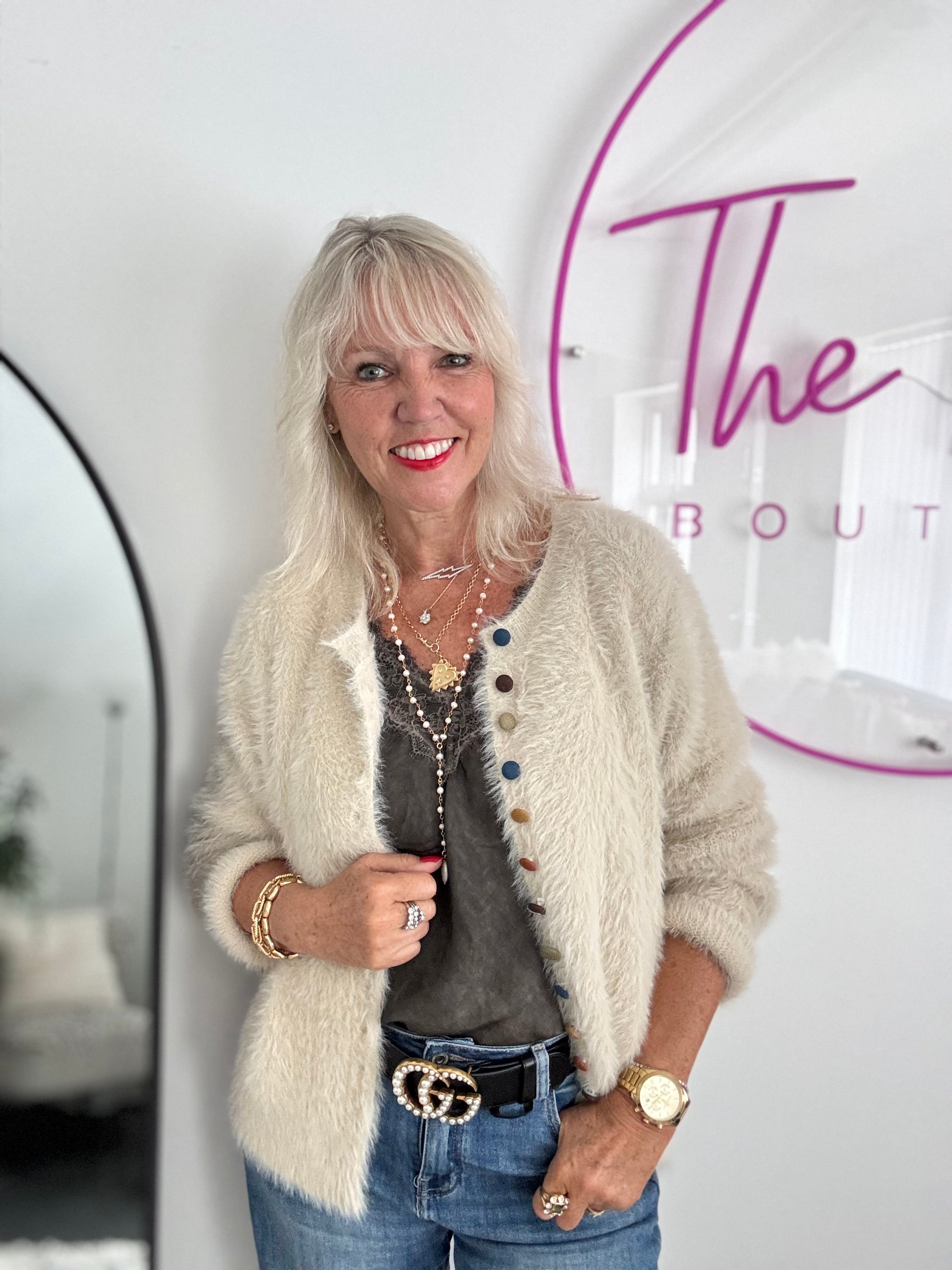 Fluffy Cardi with Multicolour Buttons in Ecru