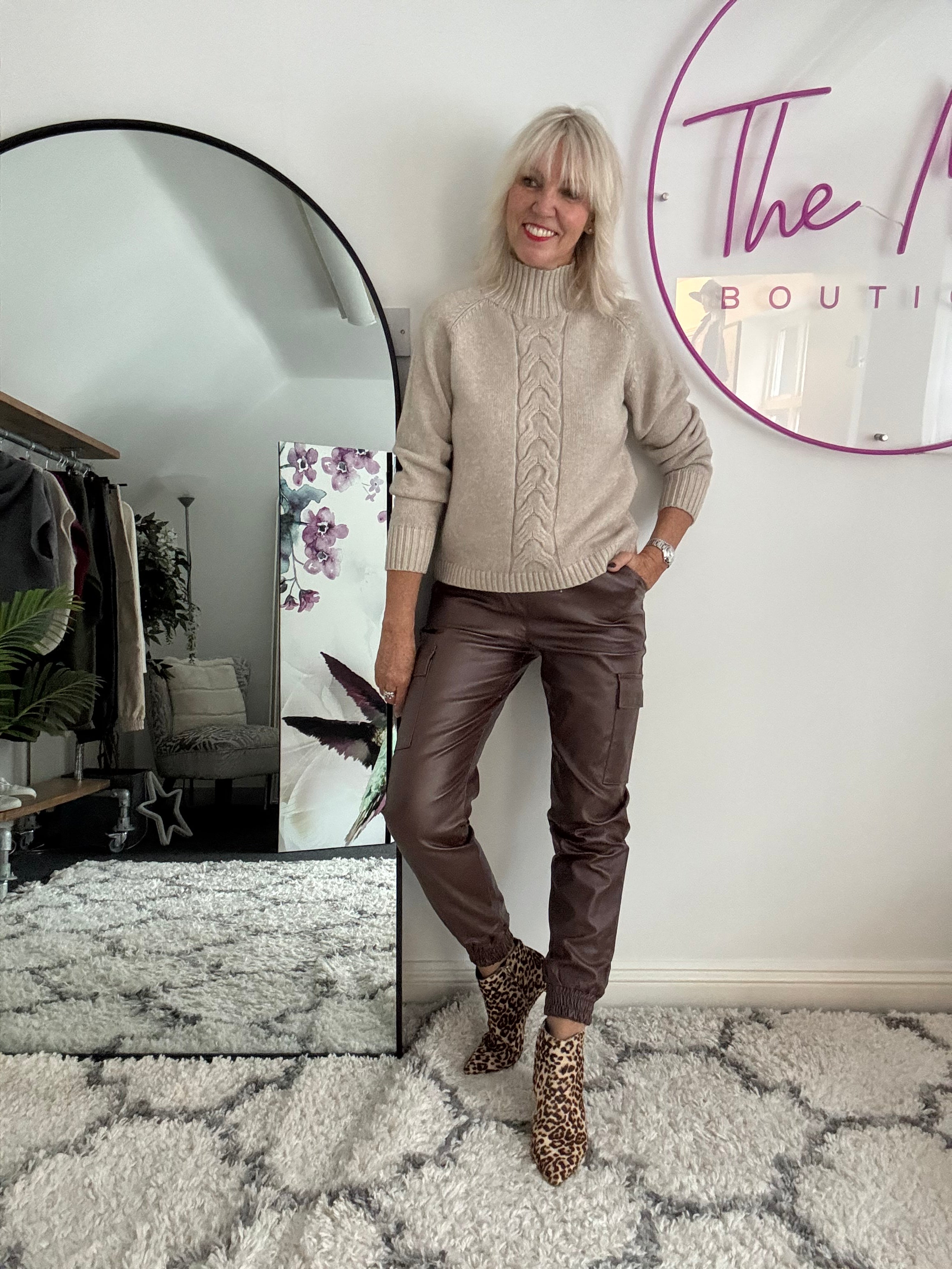 Funnel Neck Cable Jumper in Latte