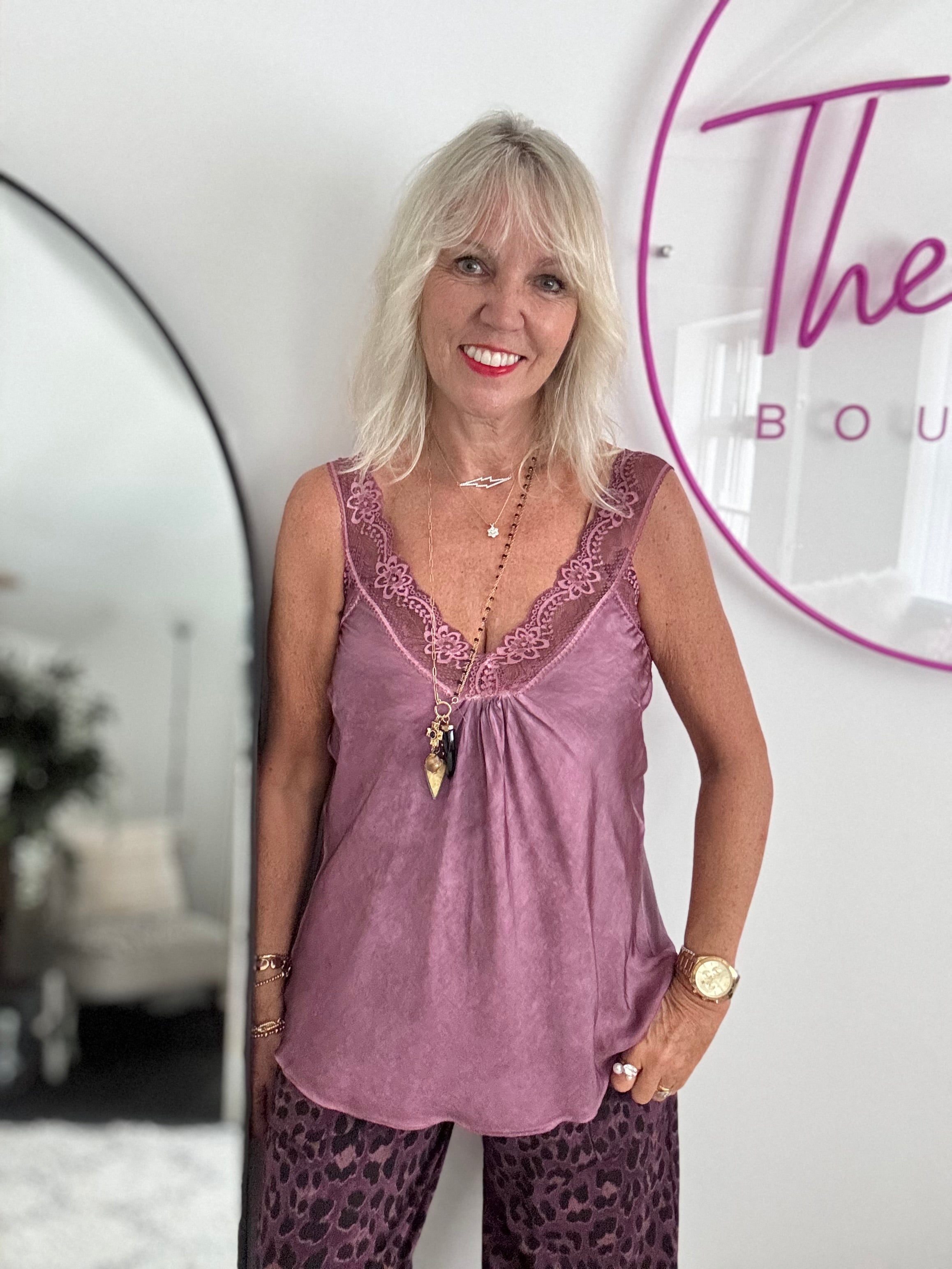 Lace Trim Silk Cami in Plum