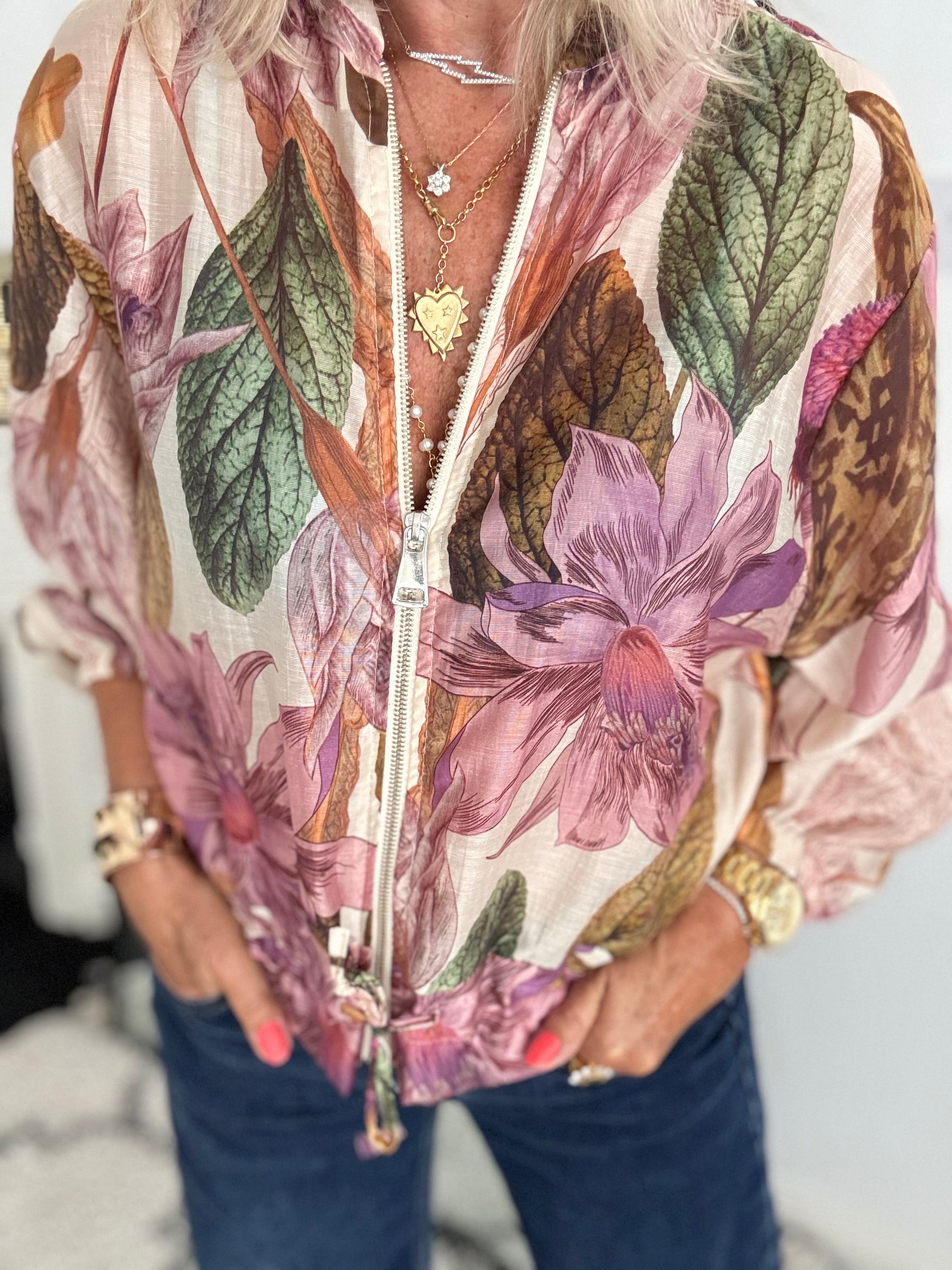 Floral Bomber Jacket in Pink & Khaki