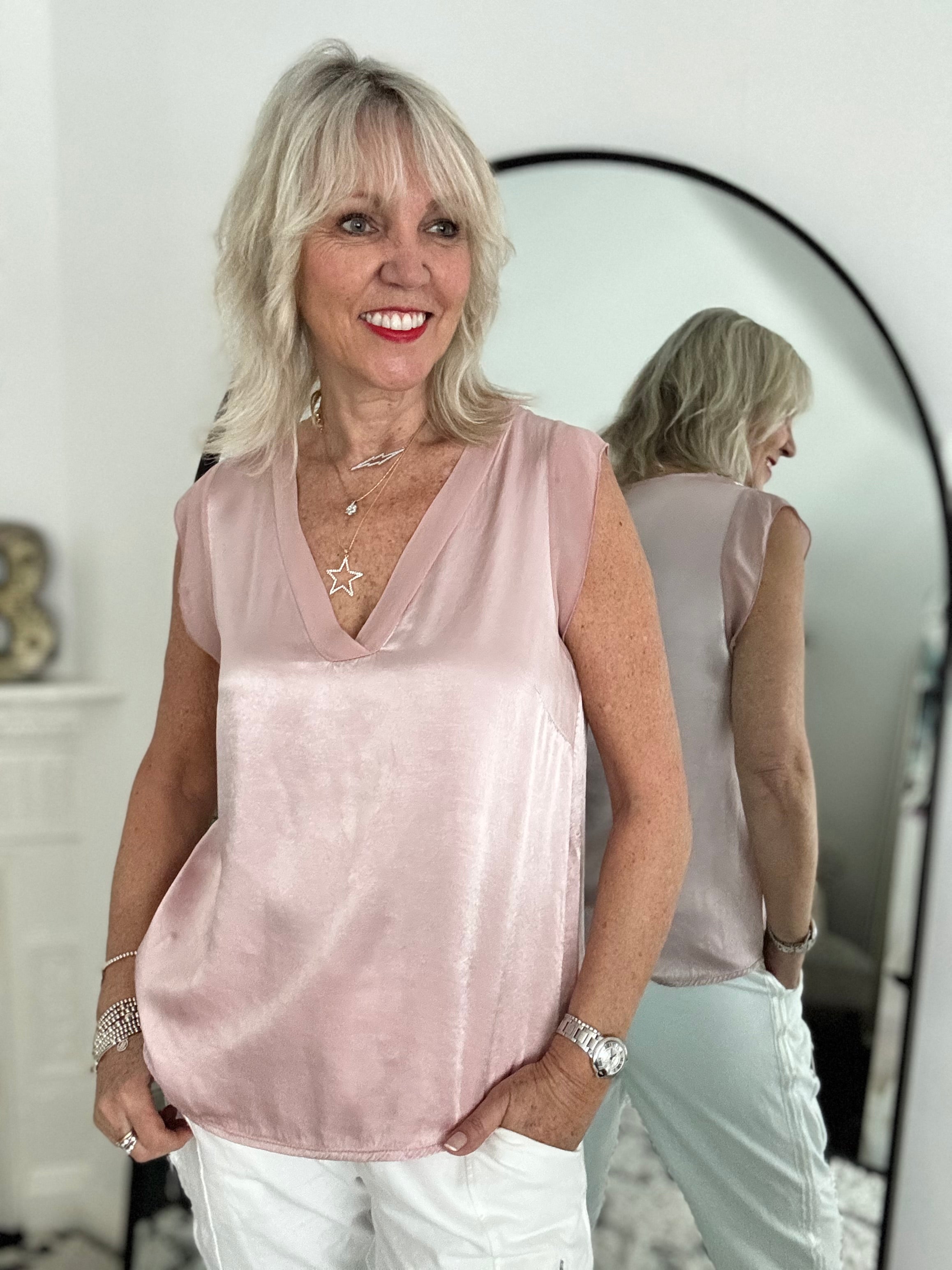 Silky V Neck Tank in Pink