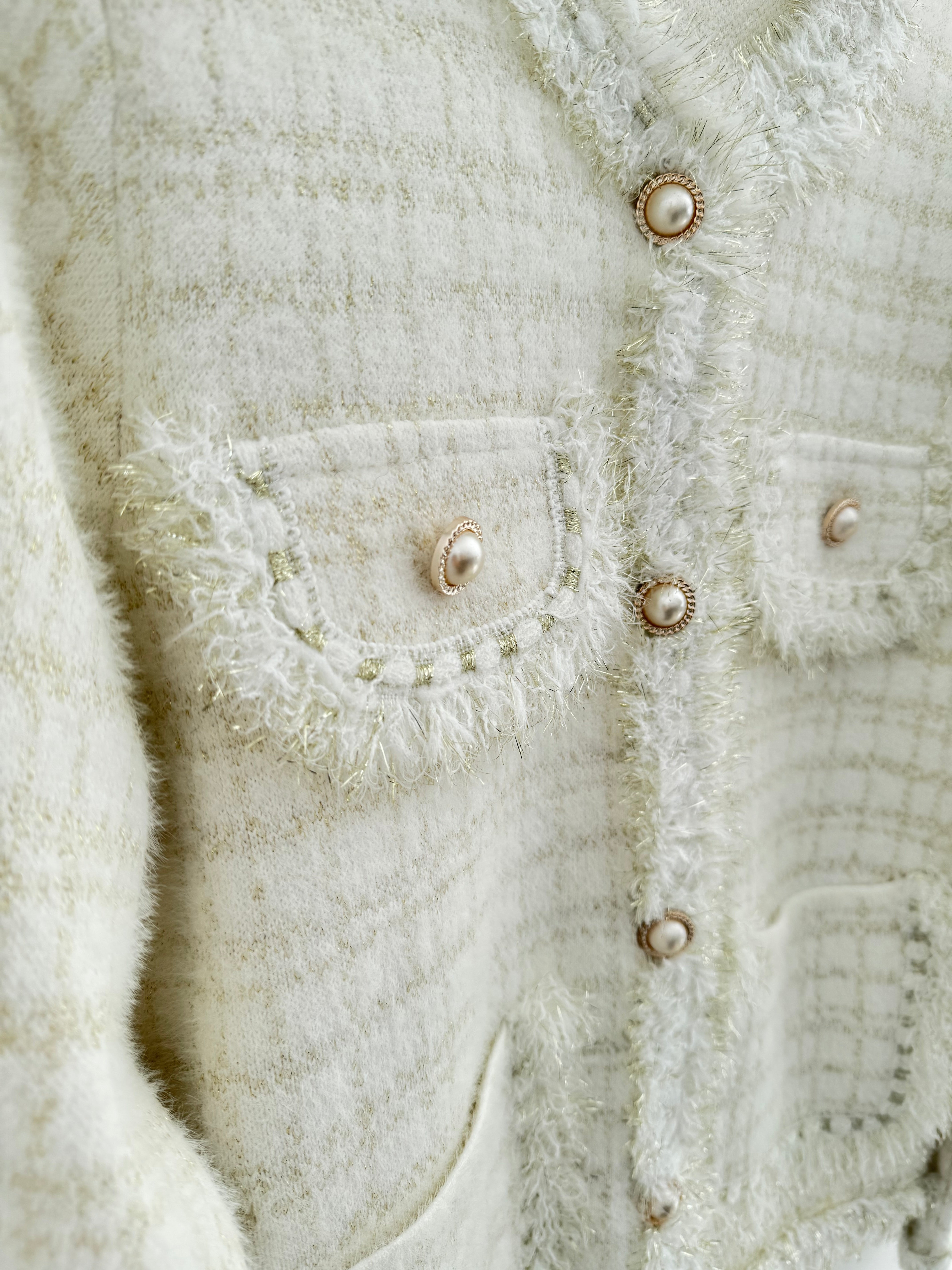 Pearl Button & Tweed Cardi Jacket in Ivory & Gold