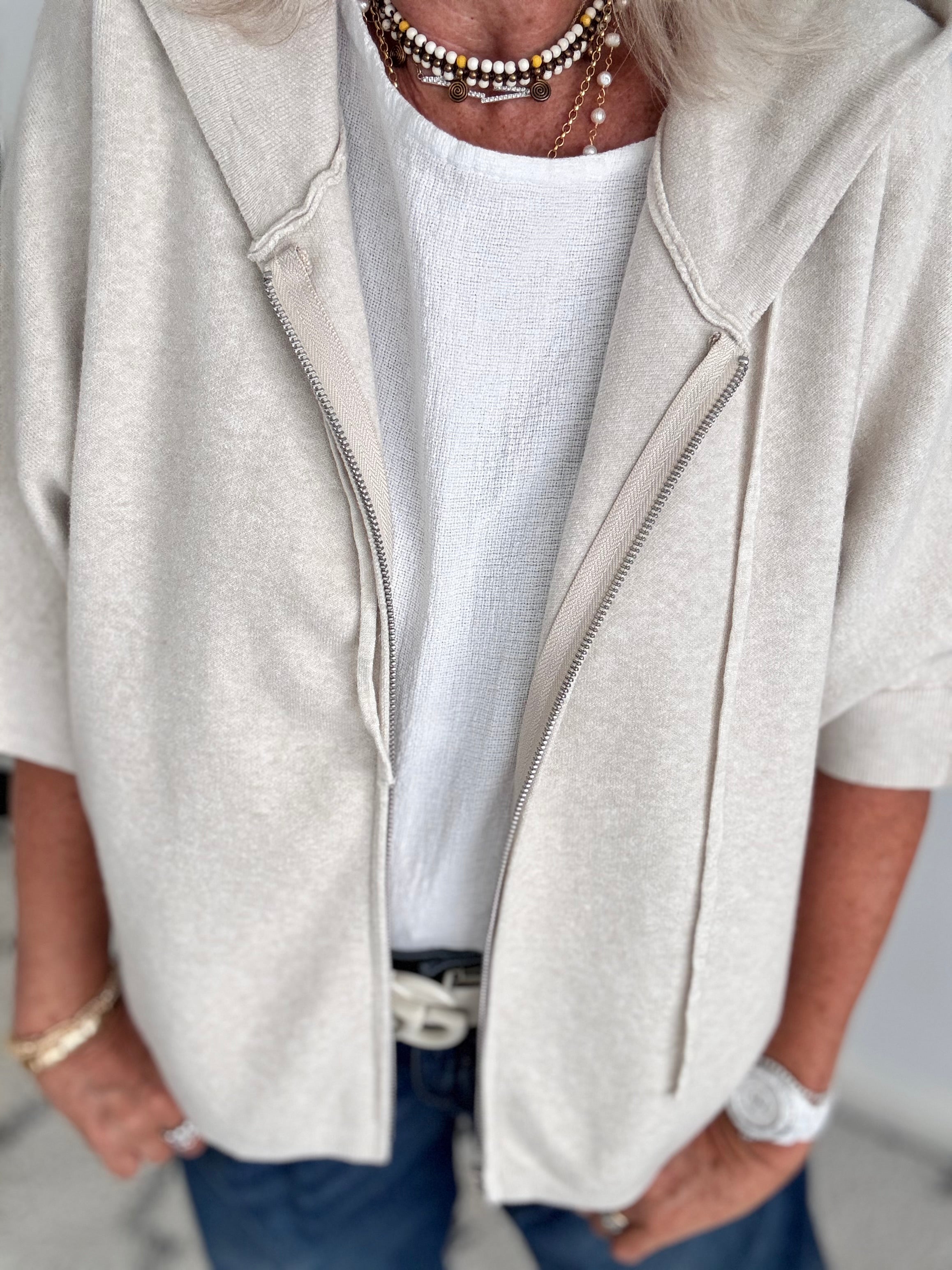 Soft Hooded Zipped Knit in Ecru