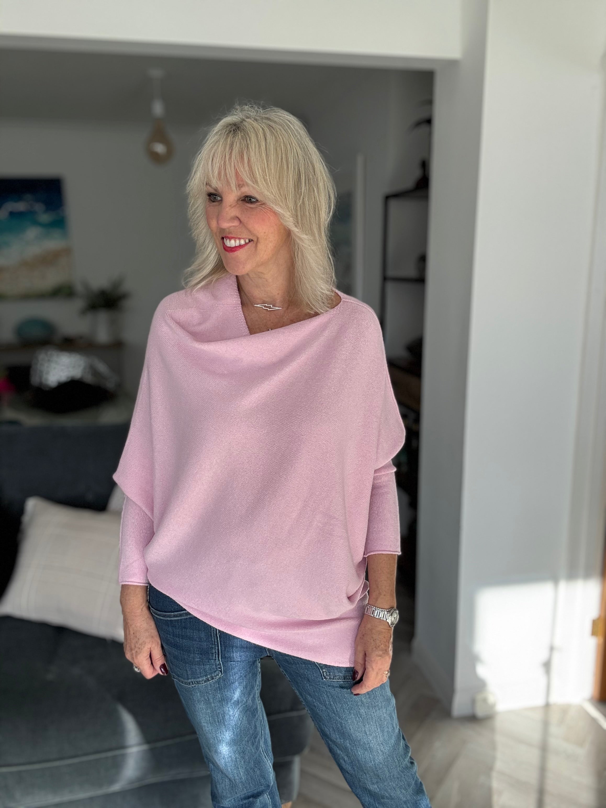 Cowl Neck Asymmetric Jumper in Pink