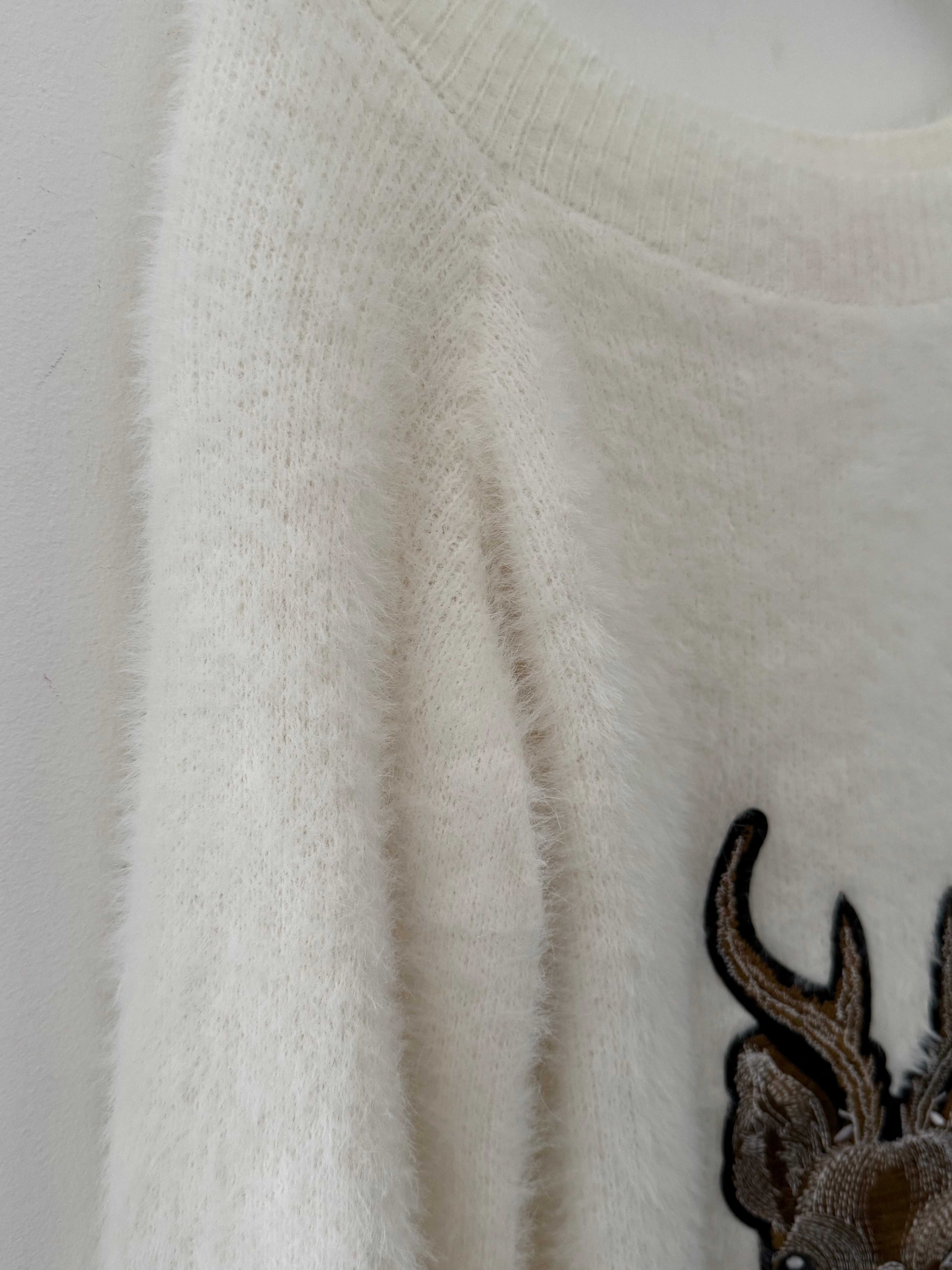 Oh Deer Fluffy Jumper in Winter White