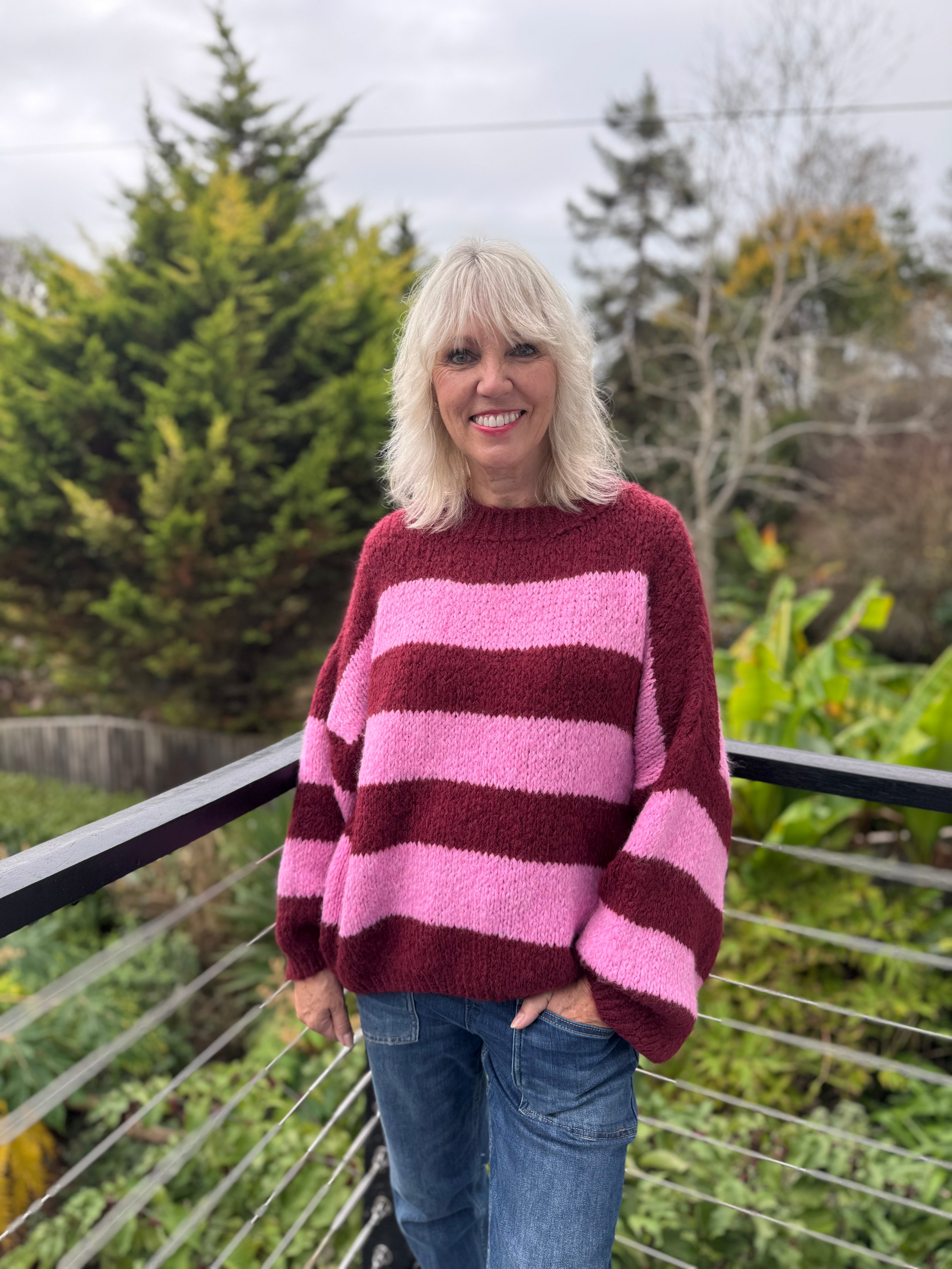 Stripe Jumper in Wine & Pink