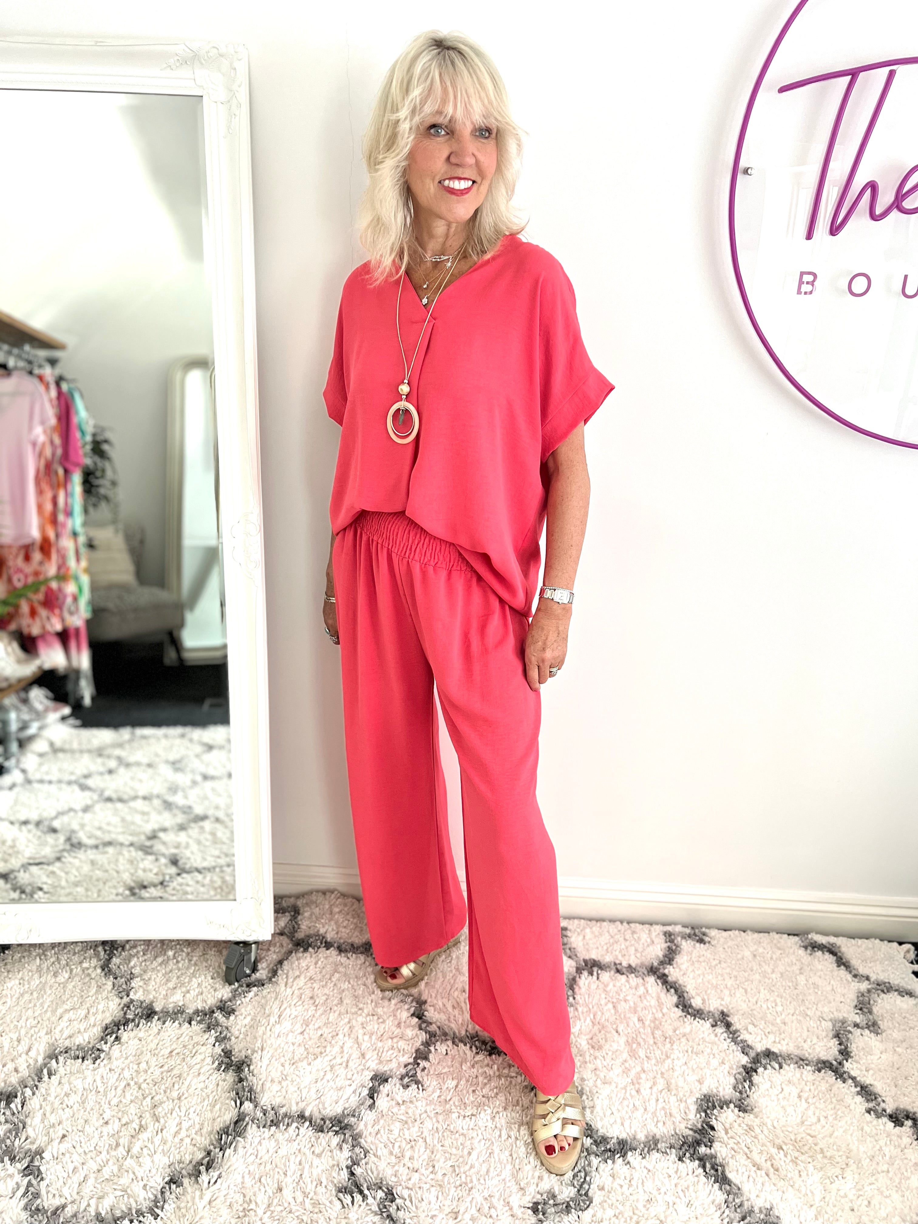 Wide Leg Crepe Trousers in Coral