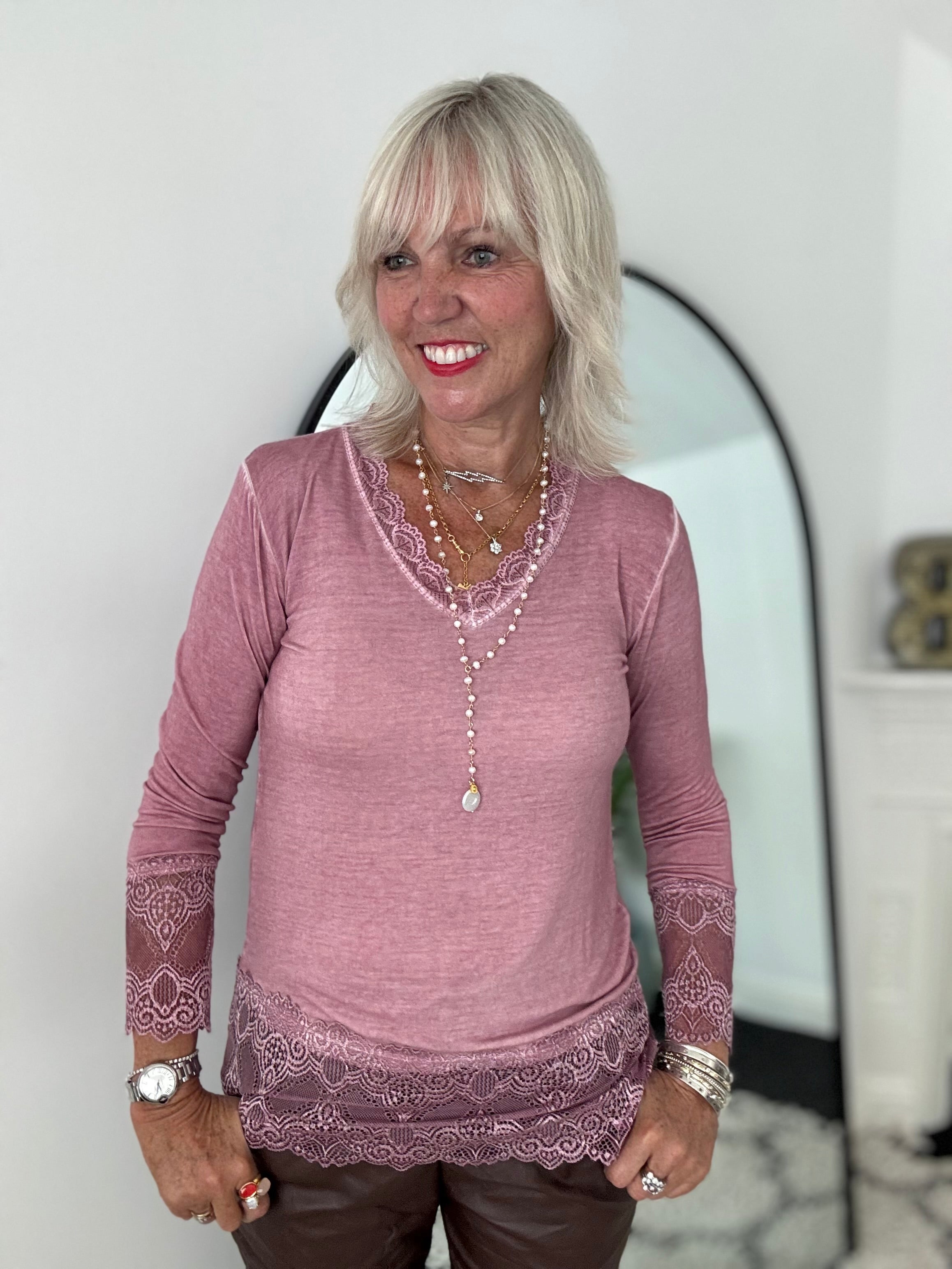 Luxe Base Top with Lace Trim in Deep Dusky Pink
