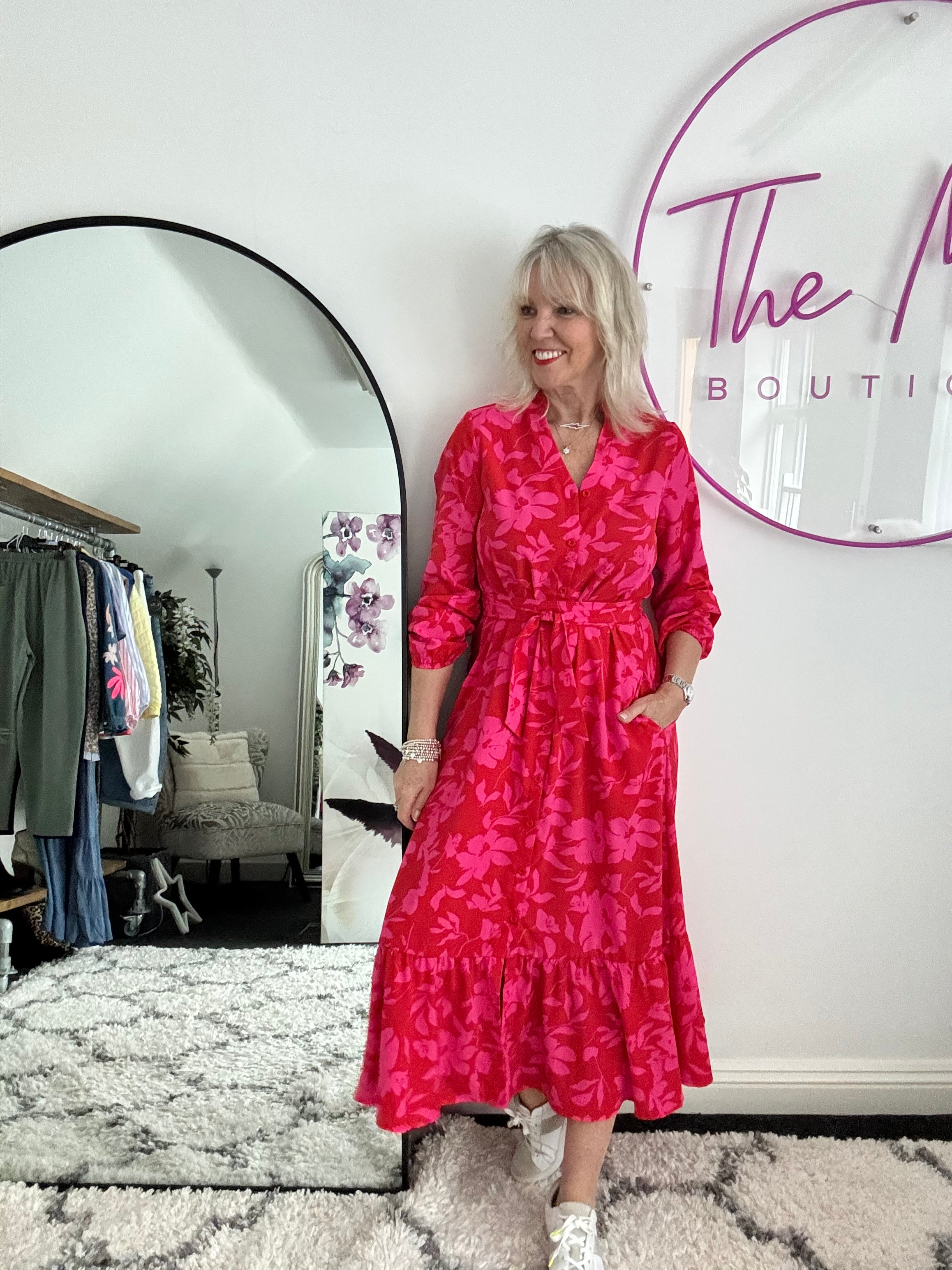 Premium Tropical Print Dress in Red & Pink