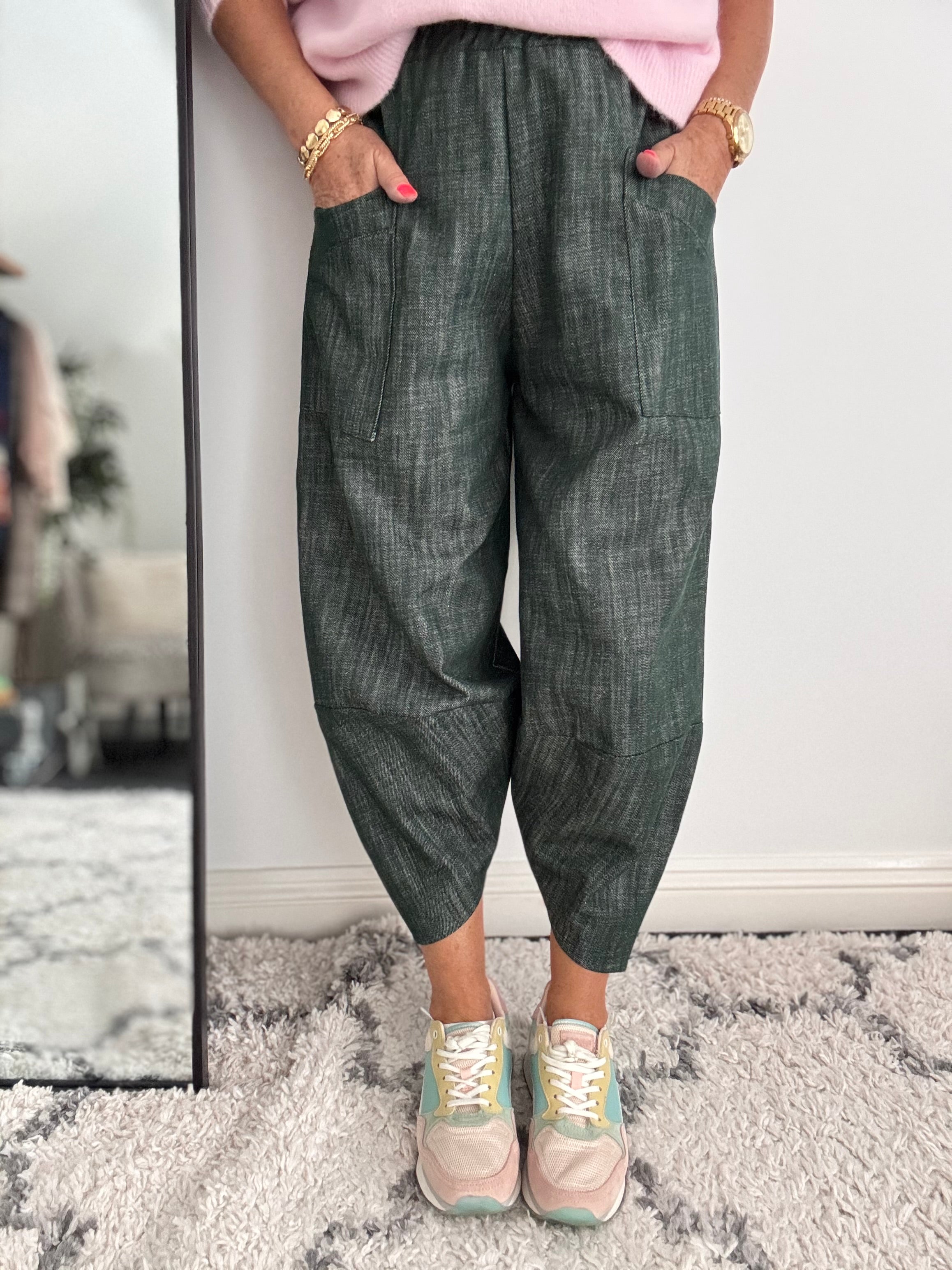 Premium Barrel Leg Trousers in Green Denim