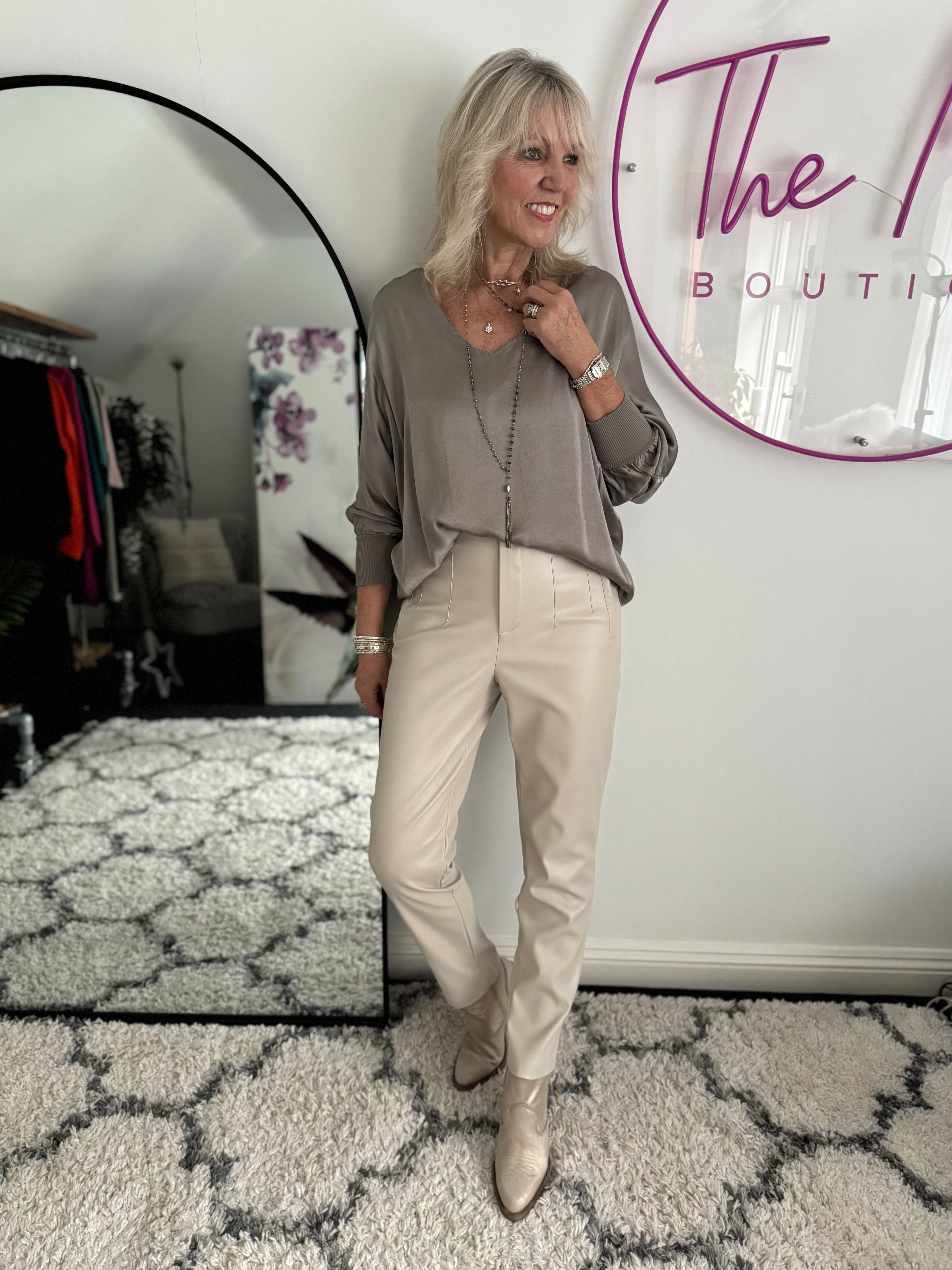 Vegan Leather Cigarette Trousers in Ecru