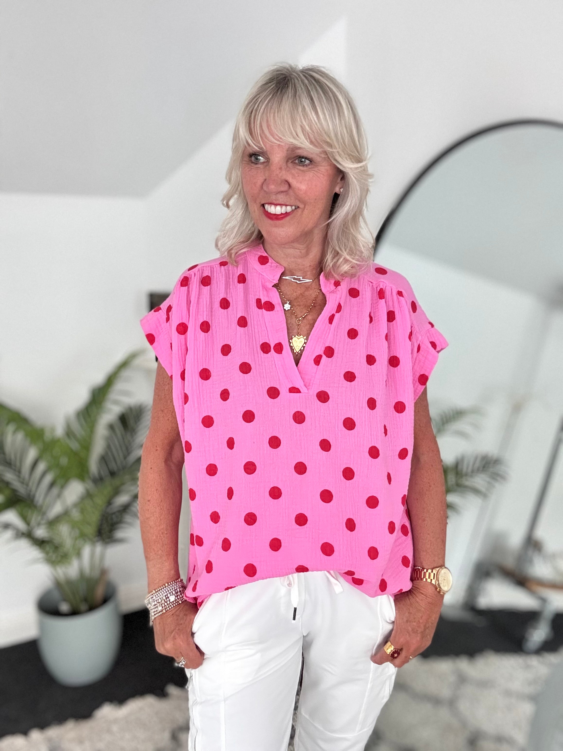 Cheesecloth Spot Top in Pink & Red