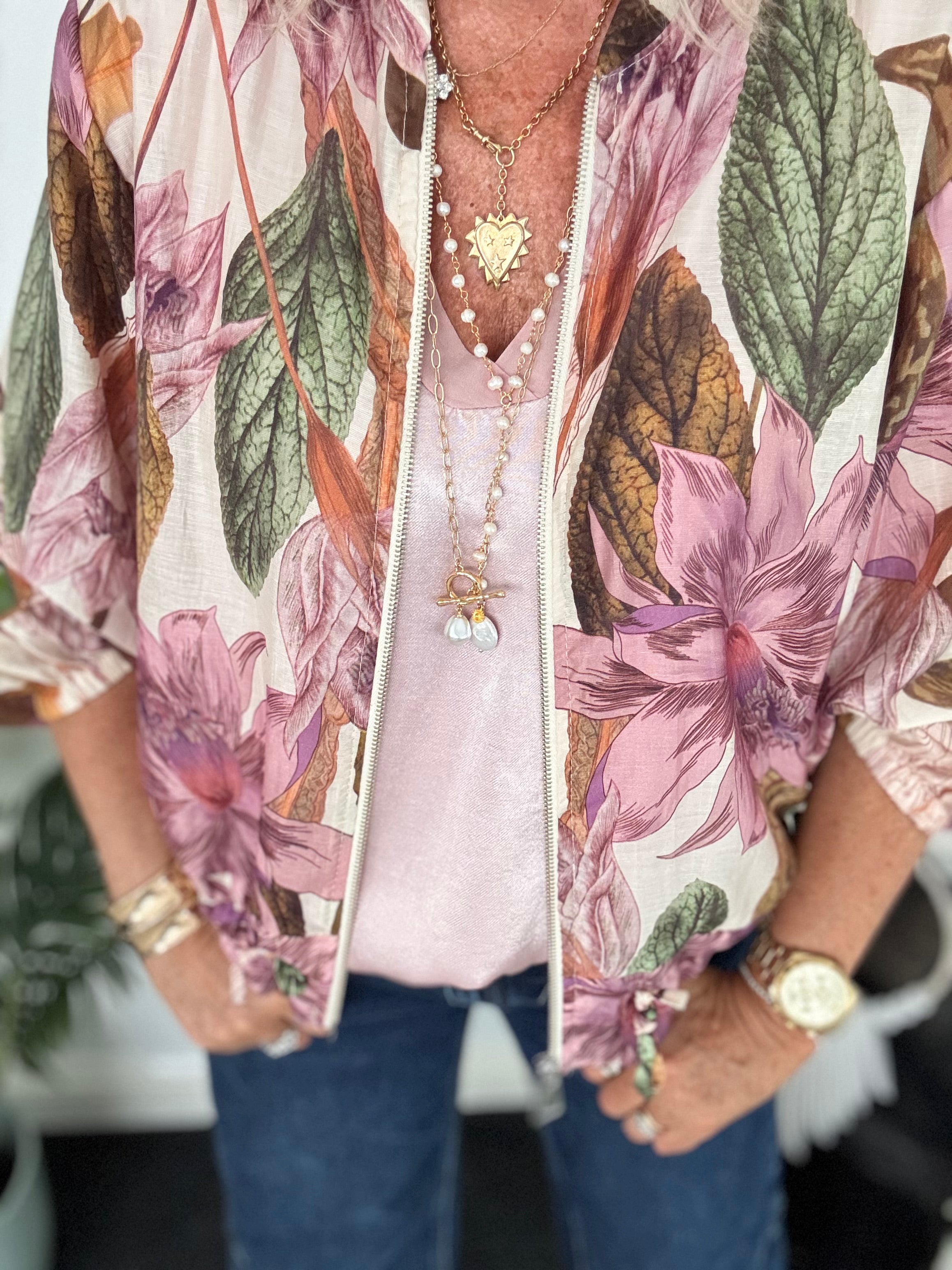Floral Bomber Jacket in Pink & Khaki