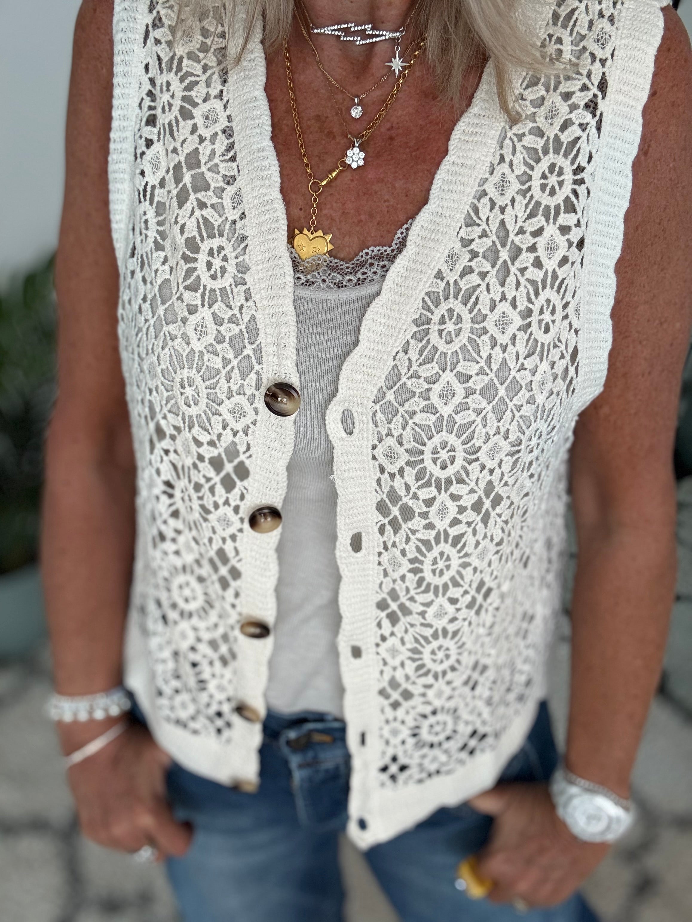 Crochet Buttoned Waistcoat in Ivory